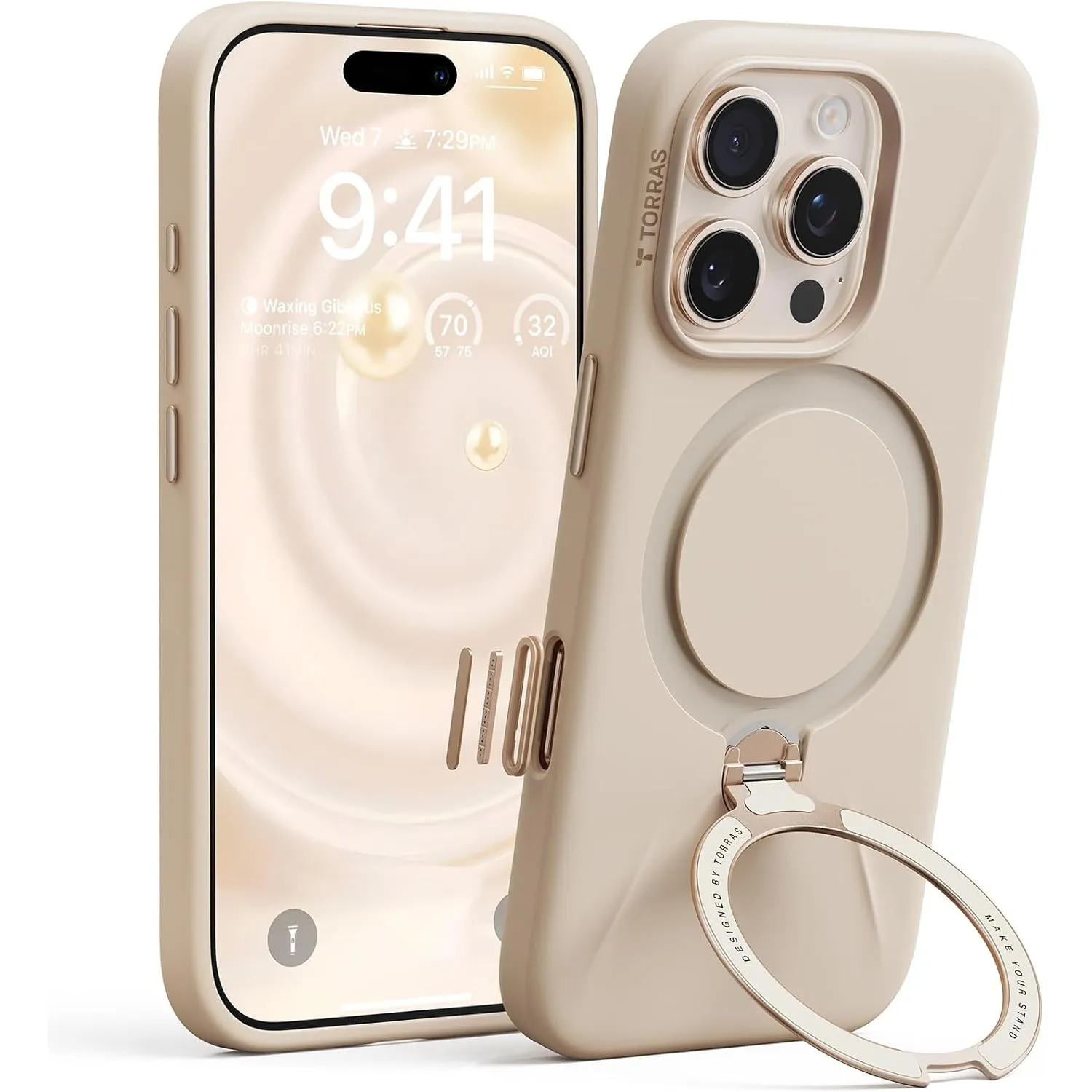 TORRAS Ostand Q3 Silikon für iPhone 16 Pro Max Hülle mit 360° Ständer Beige