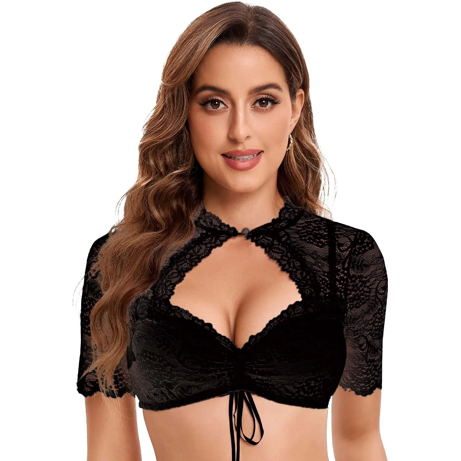 Goxozzy Dirndl Bluse Damen Oktoberfest Trachtenbluse Elegant Spitze Perlenknöpfe Weiß Schwarz Größen 34-44