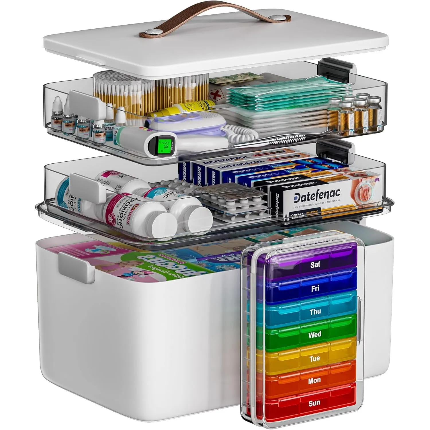 CTIME 3-stöckige Medizinbox - Tragbar mit Lederhenkel, ideal für Haushalt und Reisen (1 Pcs Medicine Storage Set)