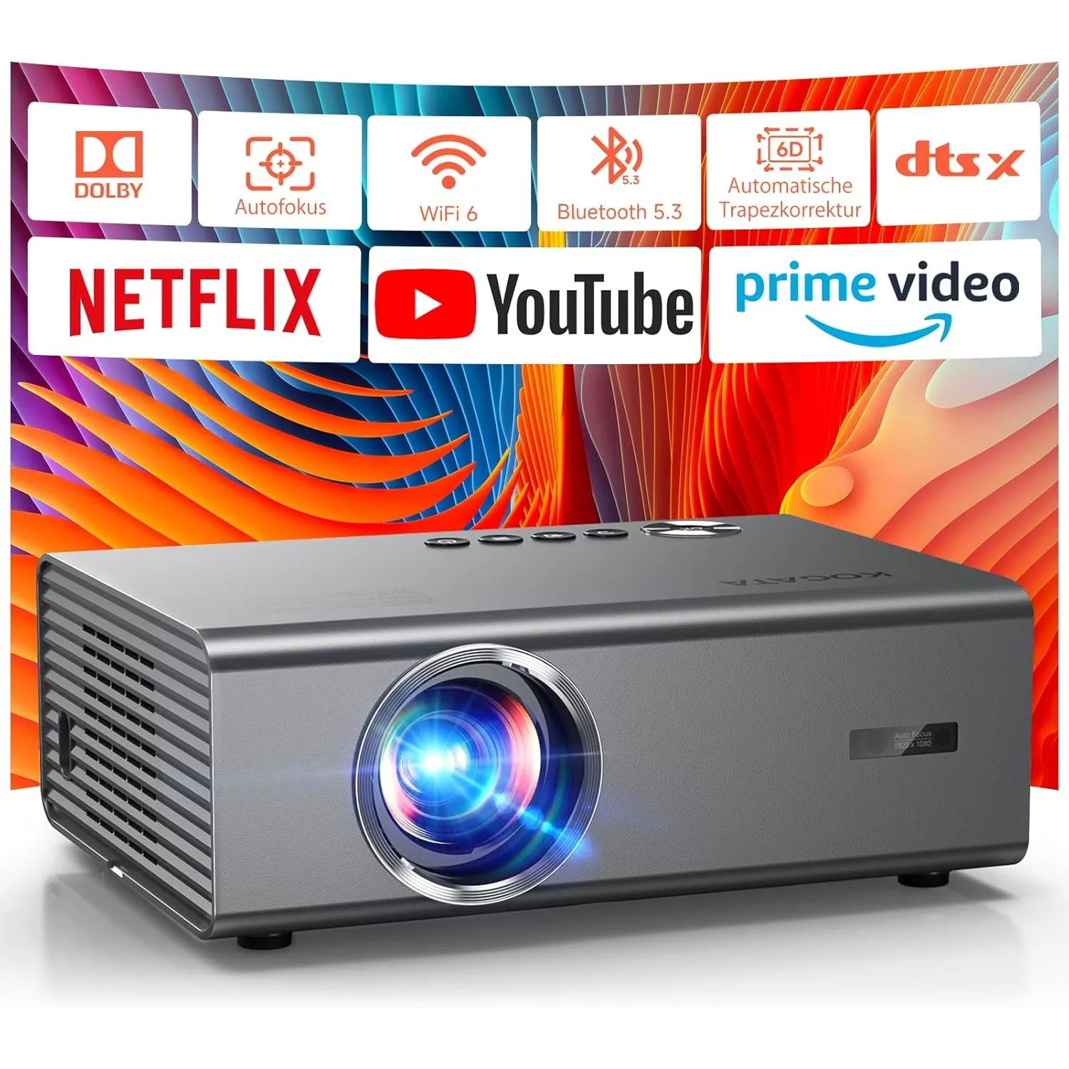 4K Smart Beamer kompatibel mit Netflix-App, Kinoähnlichem Sound & HDR | KOGATA Auto-Fokus, 6D Keystone, WiFi 6 & Blueto…
