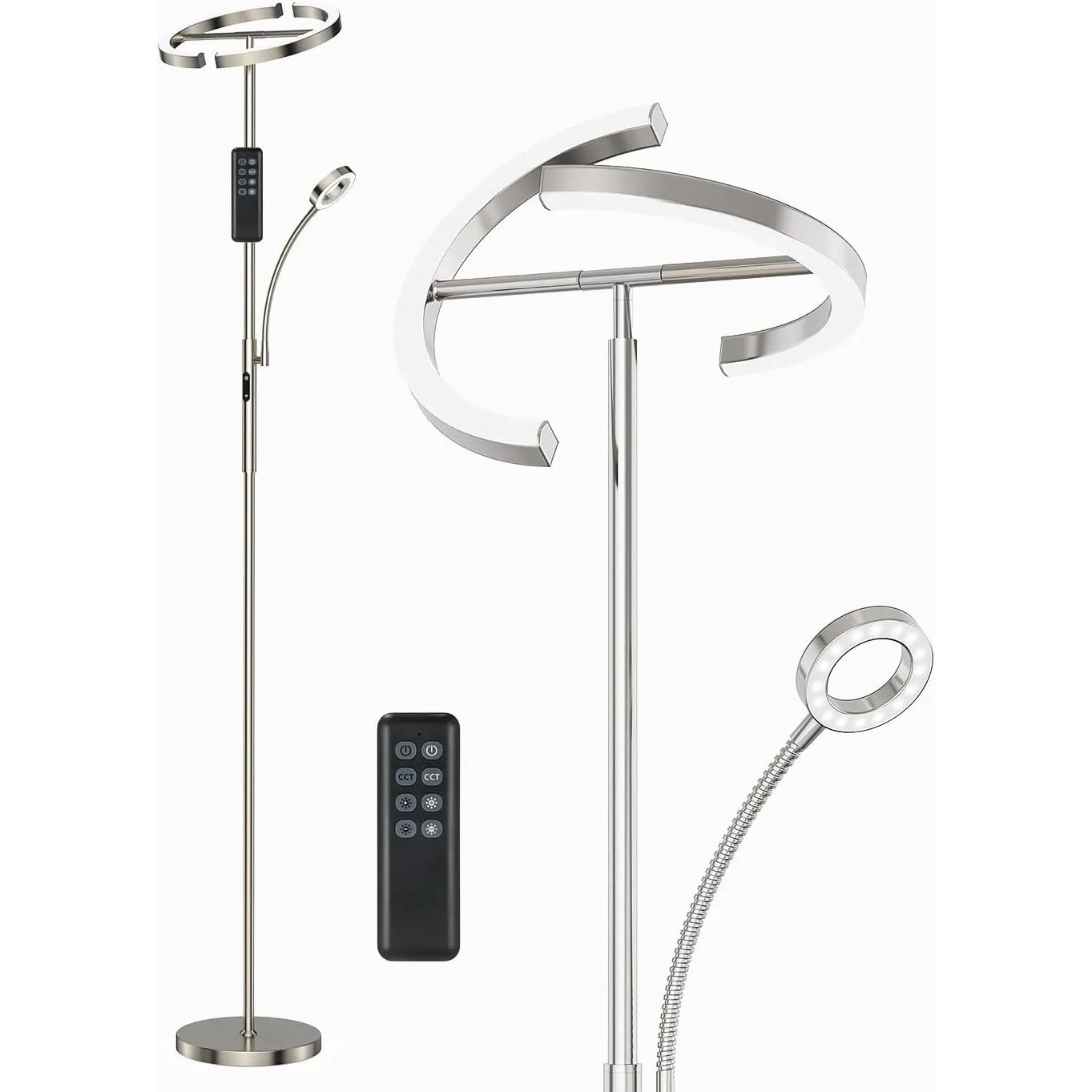 ANTENLICHT Stehlampe Dimmbar LED | Silber-Stehleuchte 20W mit 7W Leselampe