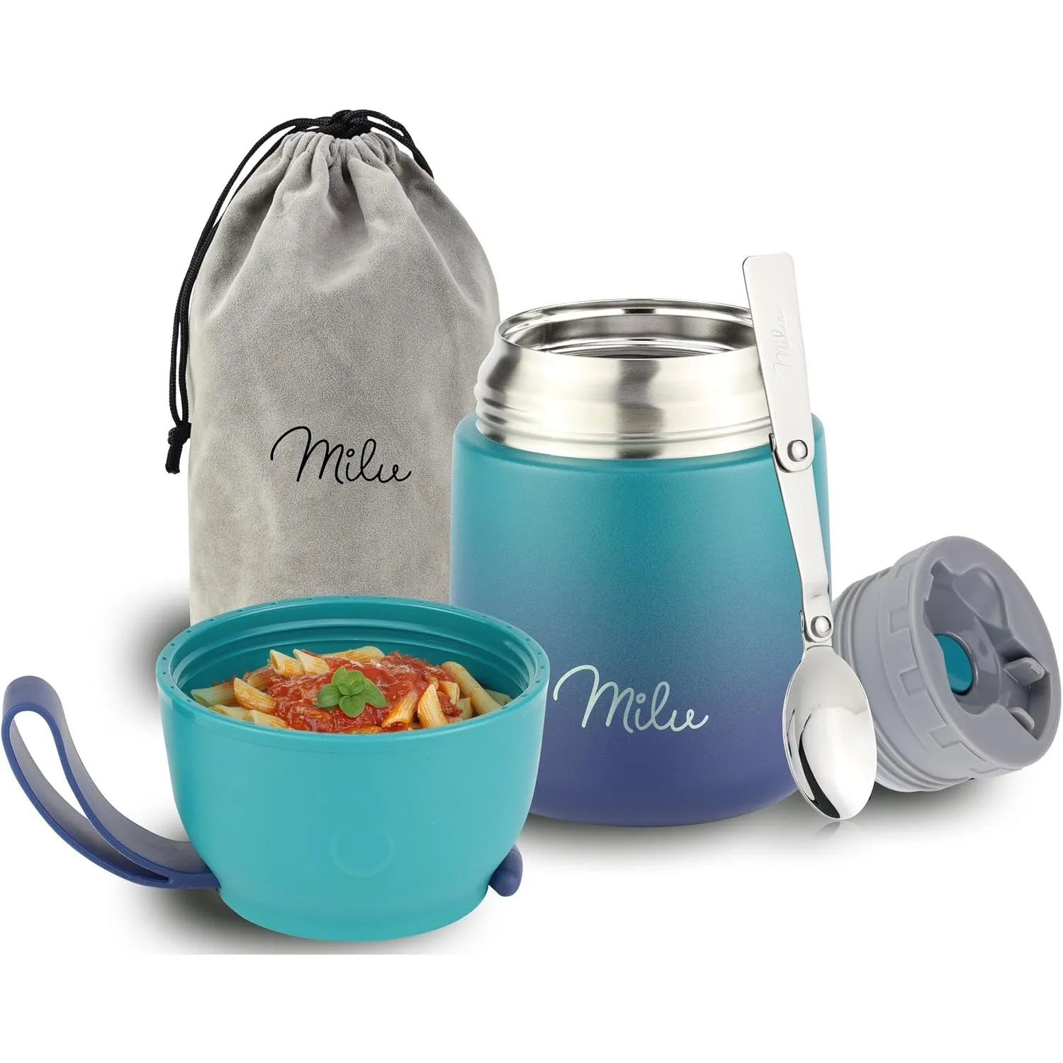 Milu Thermobehälter für Essen 450ml, Edelstahl Warmhaltebehälter mit Löffel, Thermobecher Essen, Thermo Lunchbox für Er…
