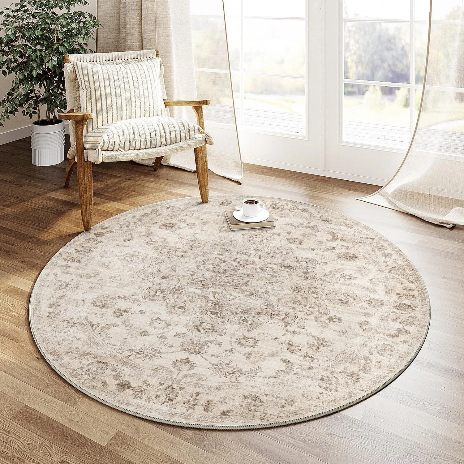 HUGEAR Vintage Beige Waschbarer Teppich Rund 120cm Runder Wohnzimmer Schlafzimmer Rutschfester Tepich Kurzflor Schlafzi…