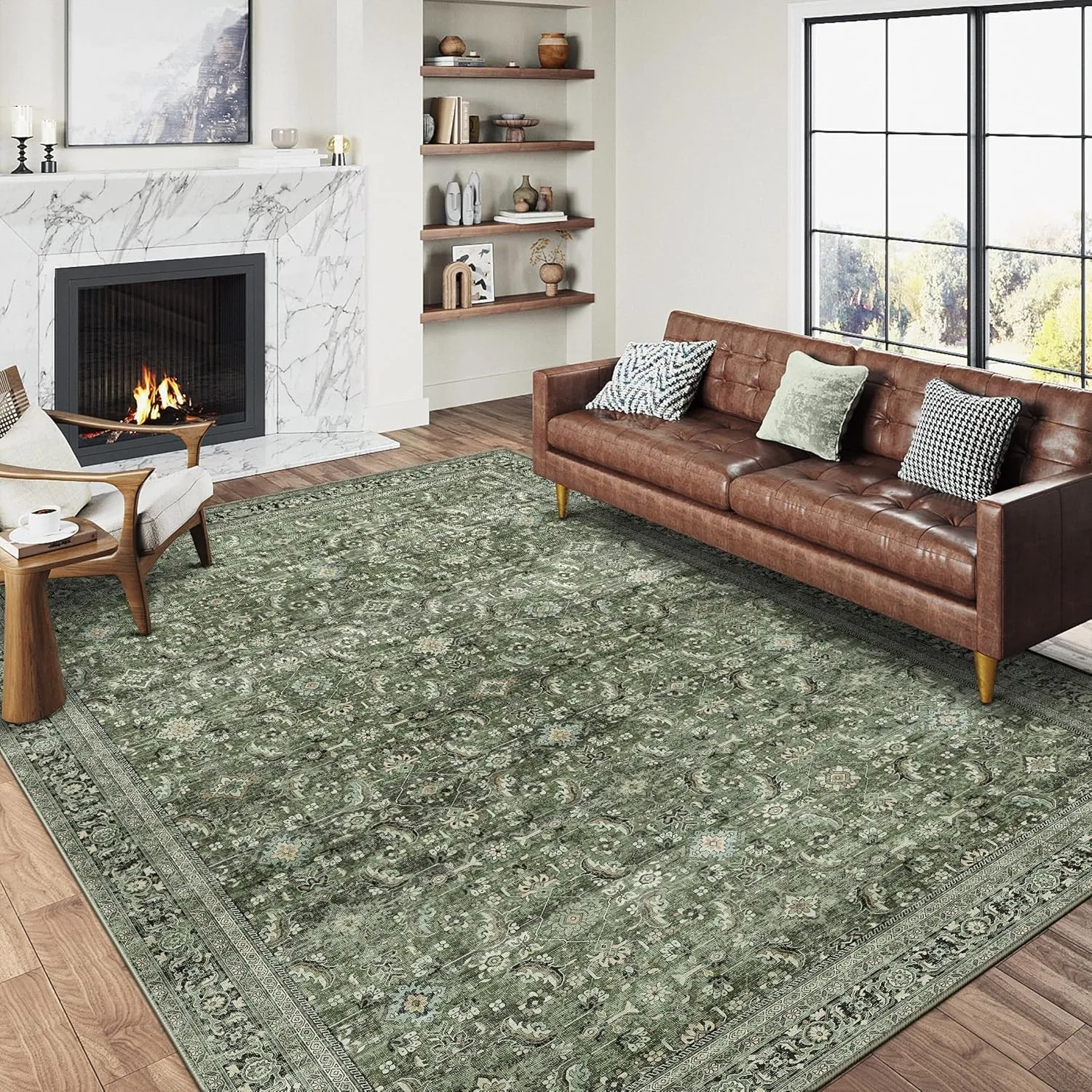 HUGEAR Vintage Grün Waschbarer Teppich Wohnzimmer 240x300cm Retro Rugs for Living Room Weich rutschfest Groß Tepich Kur…