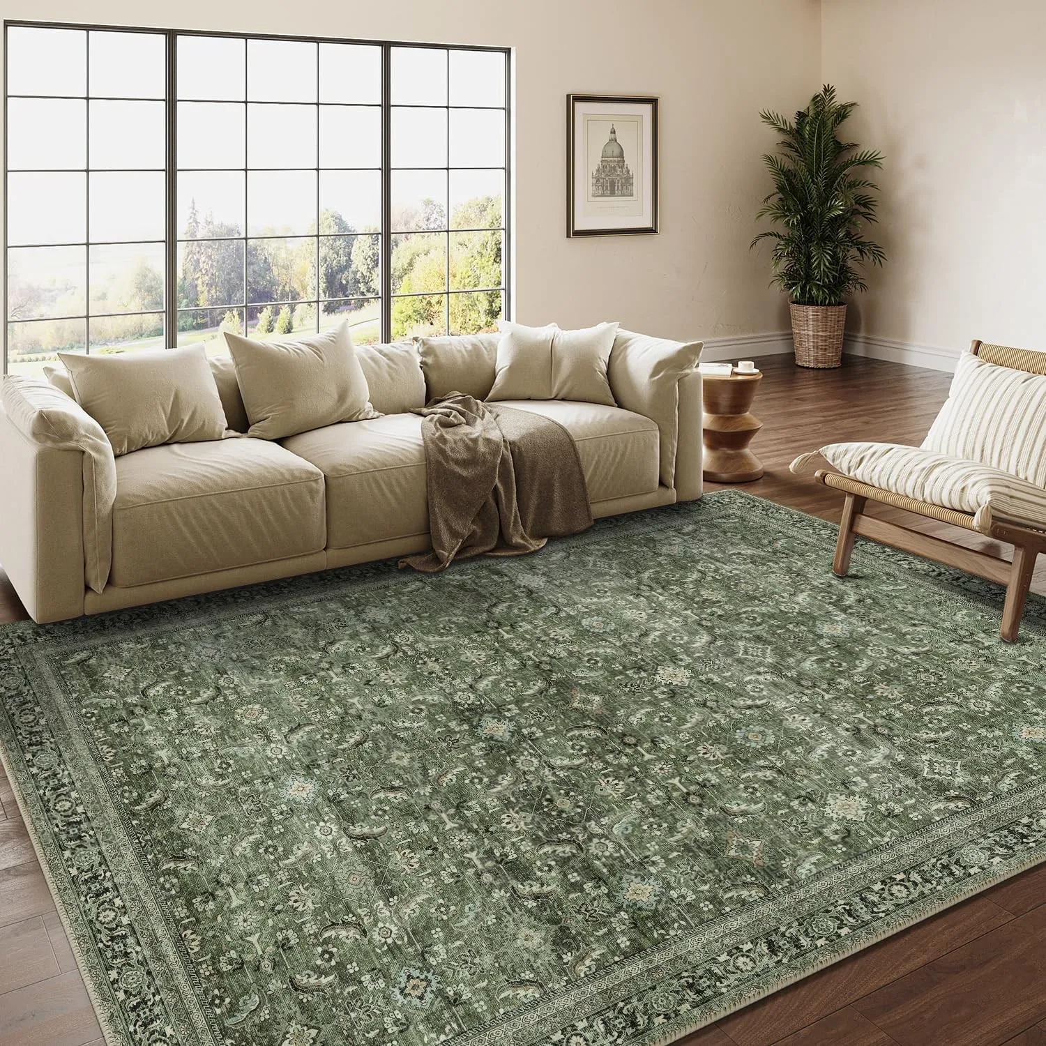 HUGEAR Vintage Teppich Wohnzimmer 140x200cm Grün Waschbar