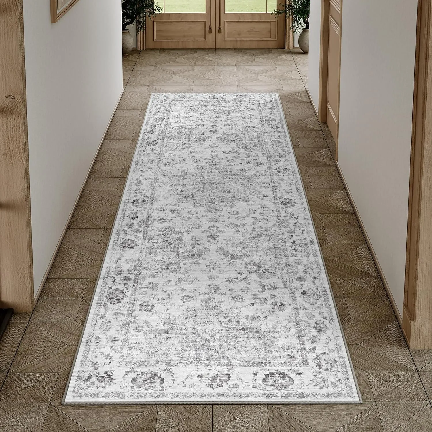 HUGEAR Vintage Teppich Läufer Flur 60x240cm Grau Waschbar | Waschbarer Teppich, Rutschfest Weich, Kurzflor Retro, für V…