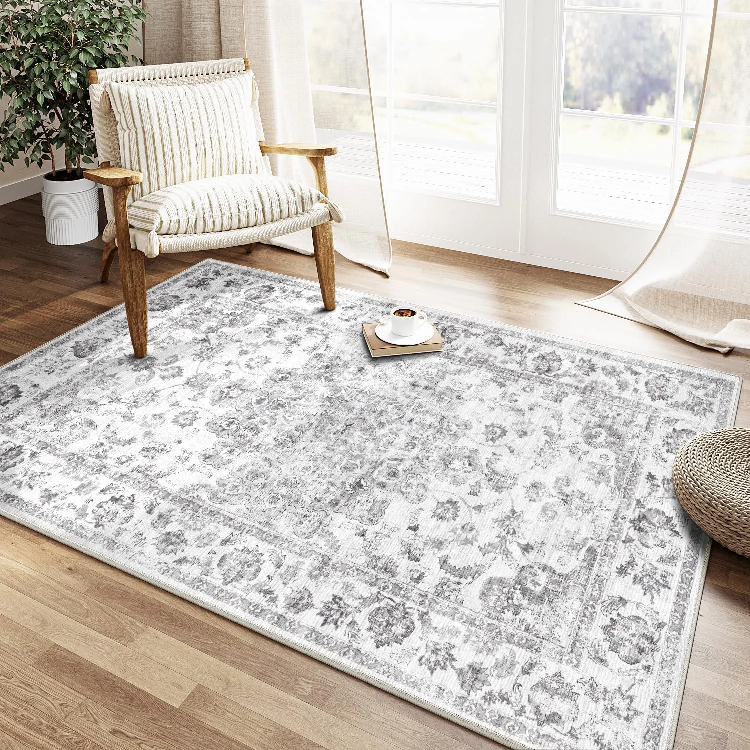 Vintage Grau Waschbarer Teppich Wohnzimmer 150x80cm Retro Rugs for Living Room Weich rutschfest Groß Tepich Kurzflor Sc…