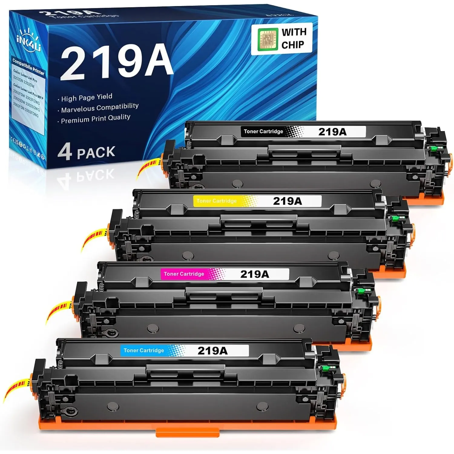 INK4U 219A Toner (Mit CHIP) Kompatibel für HP 219A für HP Color LaserJet Pro MFP 3302FDWG MFP 3302SDWG 3302FDNG(4 Pack)