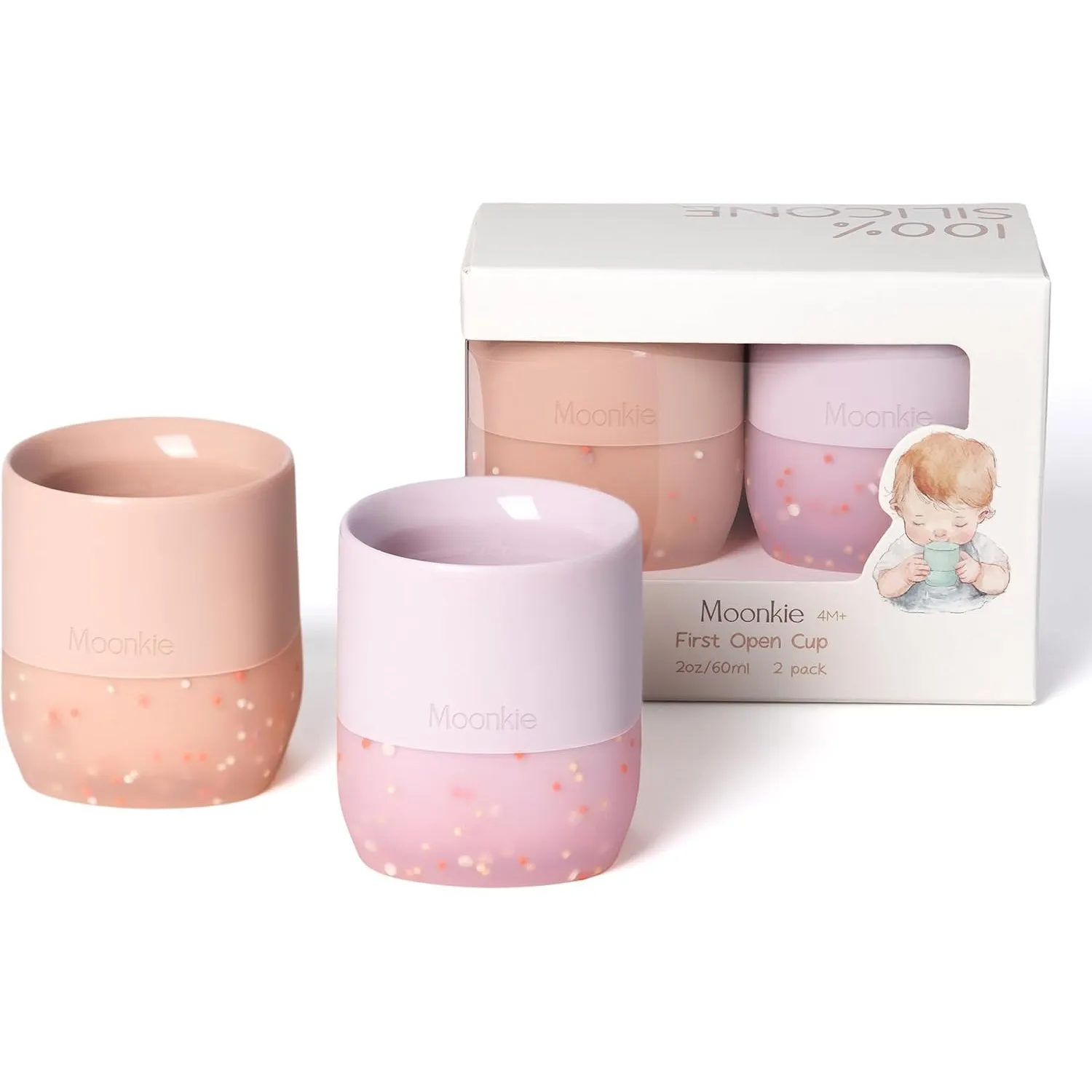 Moonkie Trinklernbecher Baby Silikon | 2er-Pack Offener Lernbecher ab 4 Monate | BPA-frei | mit Messskala | 60ml Tiny C…