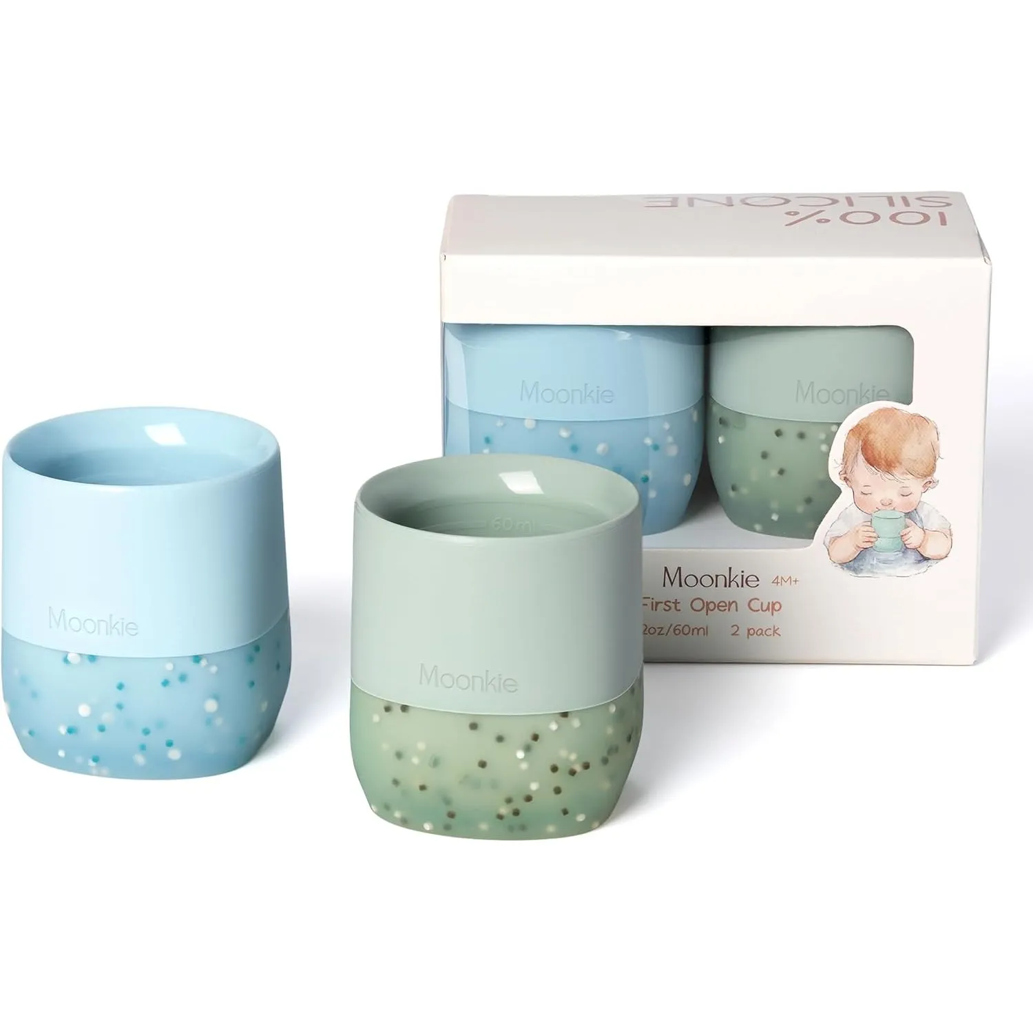 Moonkie Trinklernbecher Baby Silikon | 2er-Pack Offener Lernbecher ab 4 Monate | BPA-frei | mit Messskala | 60ml Tiny C…