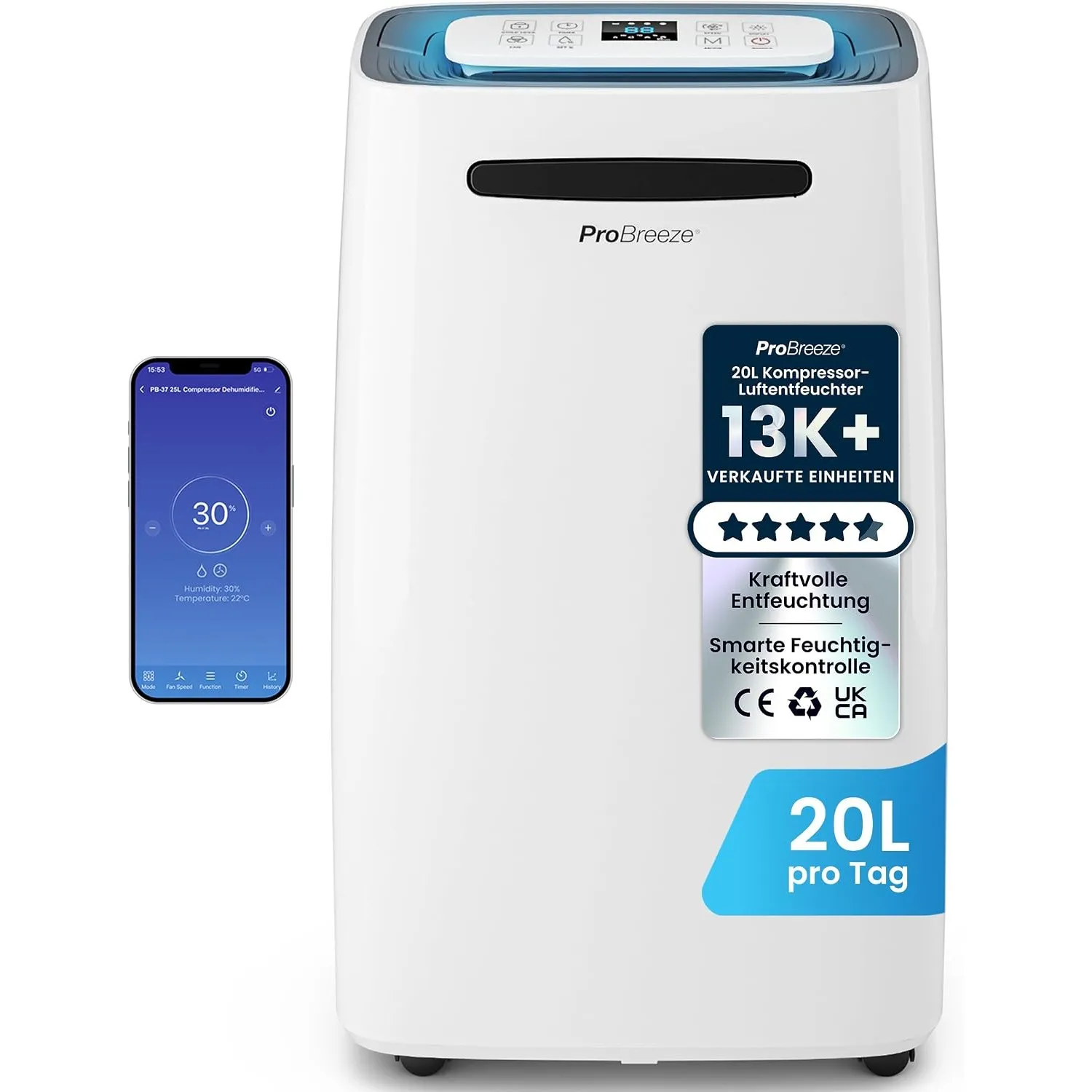 Pro Breeze® 20L/Tag smarter luftentfeuchter elektrisch mit digitalem Feuchtigkeitsanzeiger Schlafmodus Dauerbetrieb Wäs…