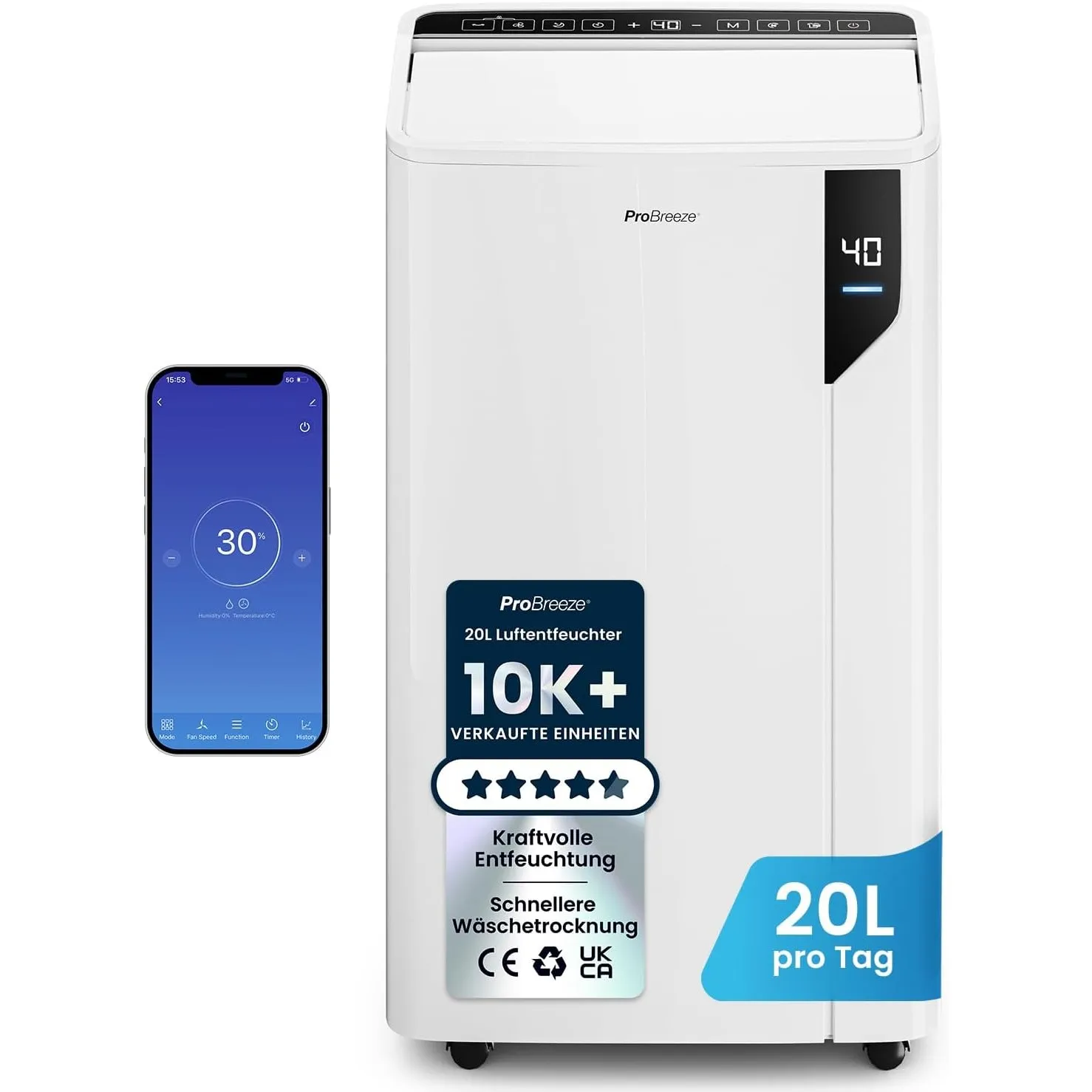 Pro Breeze Luftentfeuchter 20L in 24h Entfeuchtungsleistung - Luftentfeuchter elektrisch mit Wäschemodus, Feuchtigkeits…
