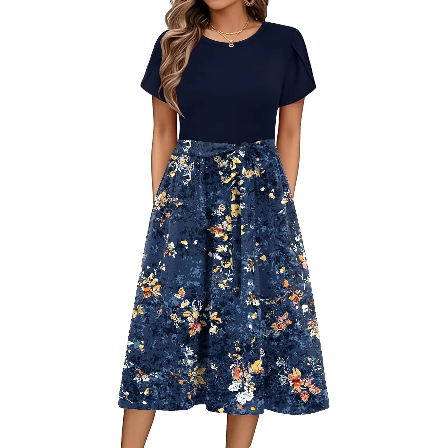 ZEAGOO Sommerkleid Damen Elegant Midikleid A-Linie Strandkleid mit Taschen