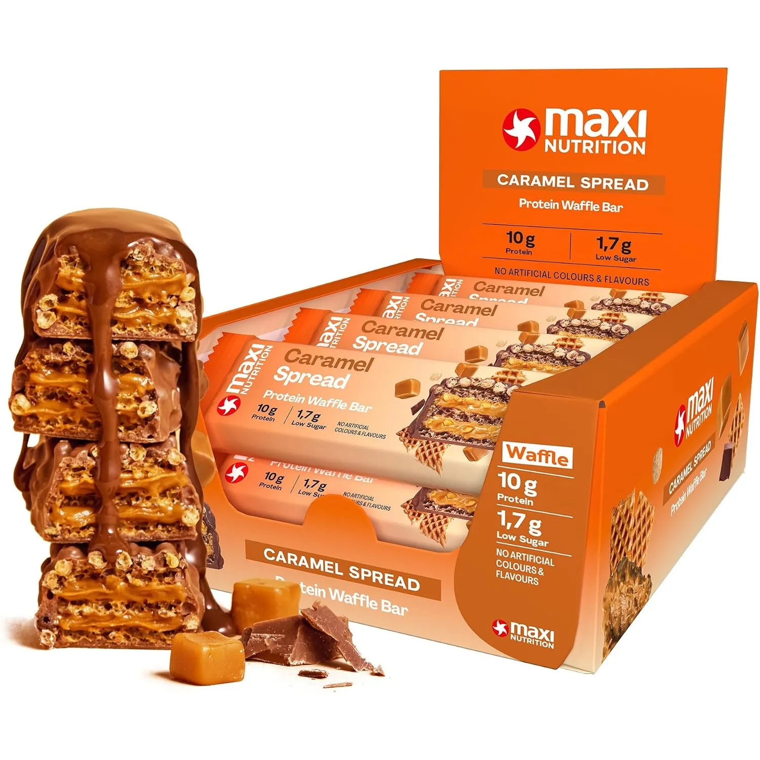 MaxiNutrition Caramel Spread Protein Waffle Bar, 27% Eiweiß, 192 kcal, (12 Eiweißriegel x 39g), Ohne Zuckerzusatz