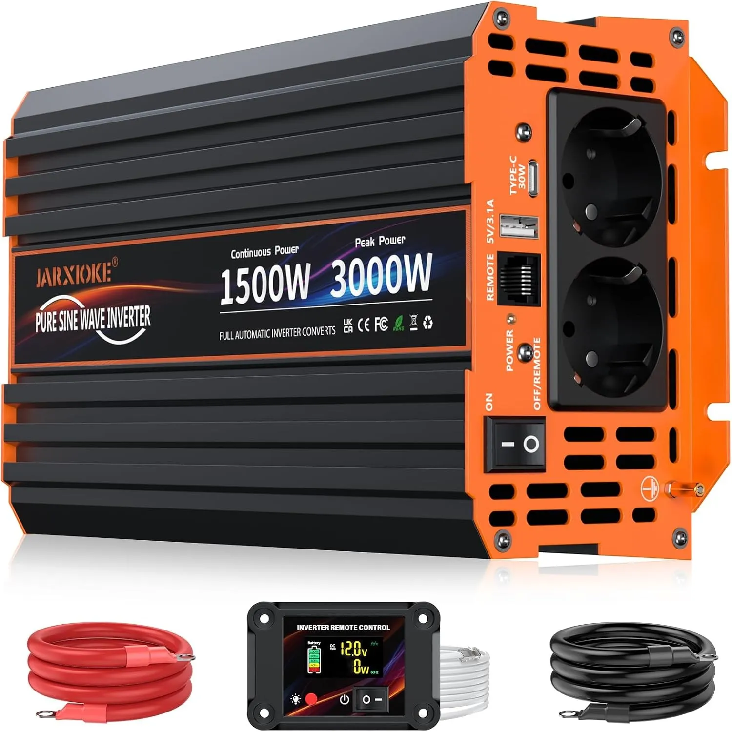 Wechselrichter 1500W Reiner Sinus Spannungswandler 12V auf 230V Power Inverter mit LCD Fernbedienung,USB Ports,Type-C P…