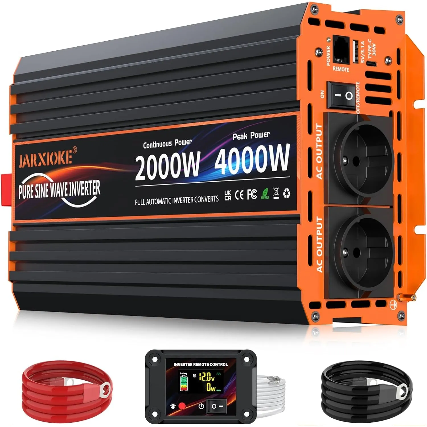 2000W Wechselrichter 12V auf 230V Reiner Sinus Spannungswandler Inverter Konverter mit 2 EU Steckdose, 30W USB-C, 5V 3.…