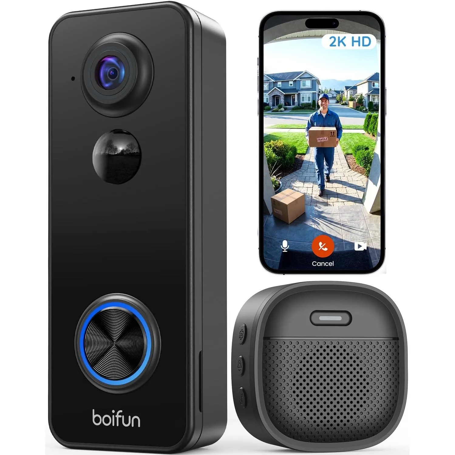 BOIFUN 2K WLAN Video Türklingel mit Kamera,180° Sichtfeld, Alexa-kompatibel