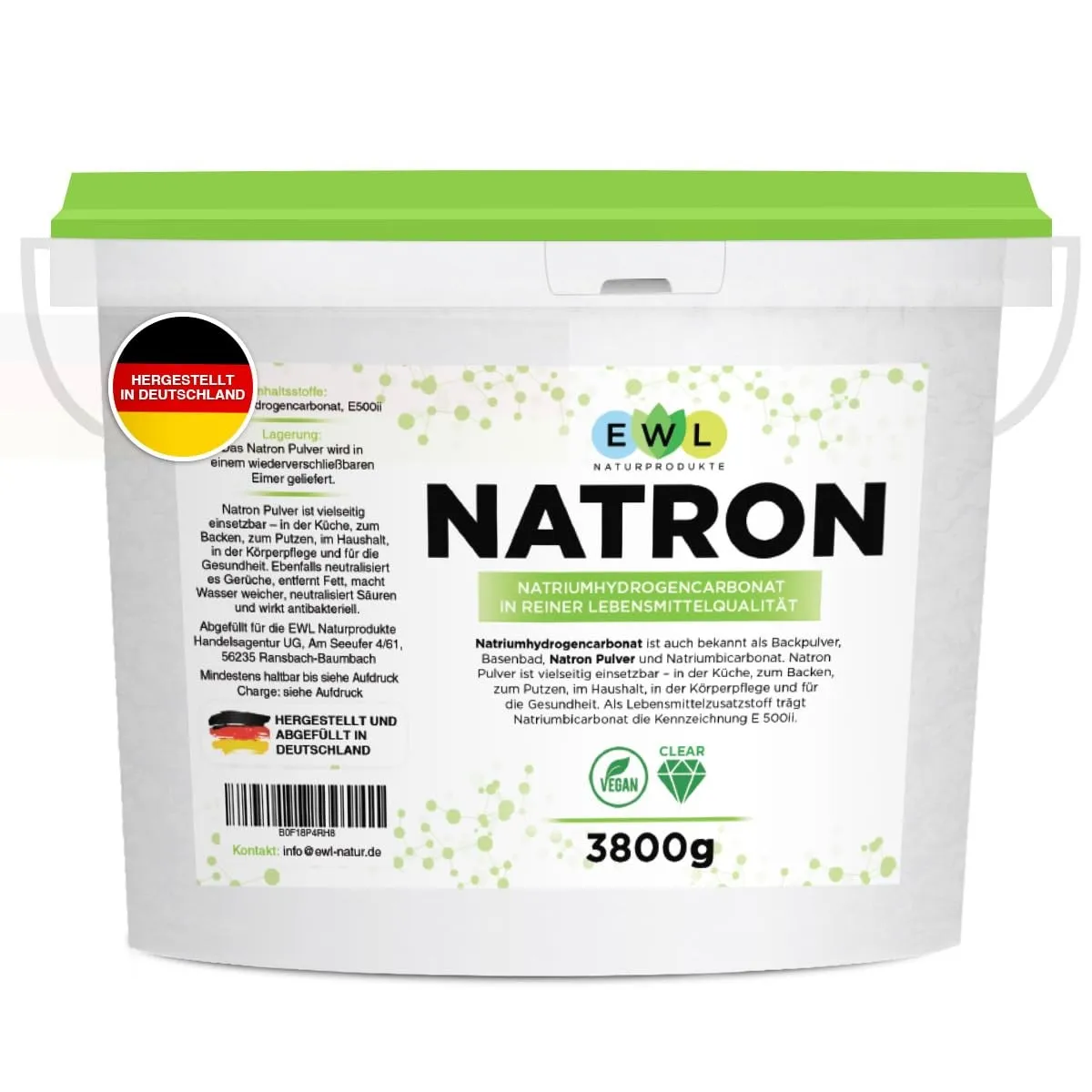 EWL Natron Pulver 3,8kg | Baking Soda | Lebensmittelqualität | Eimer