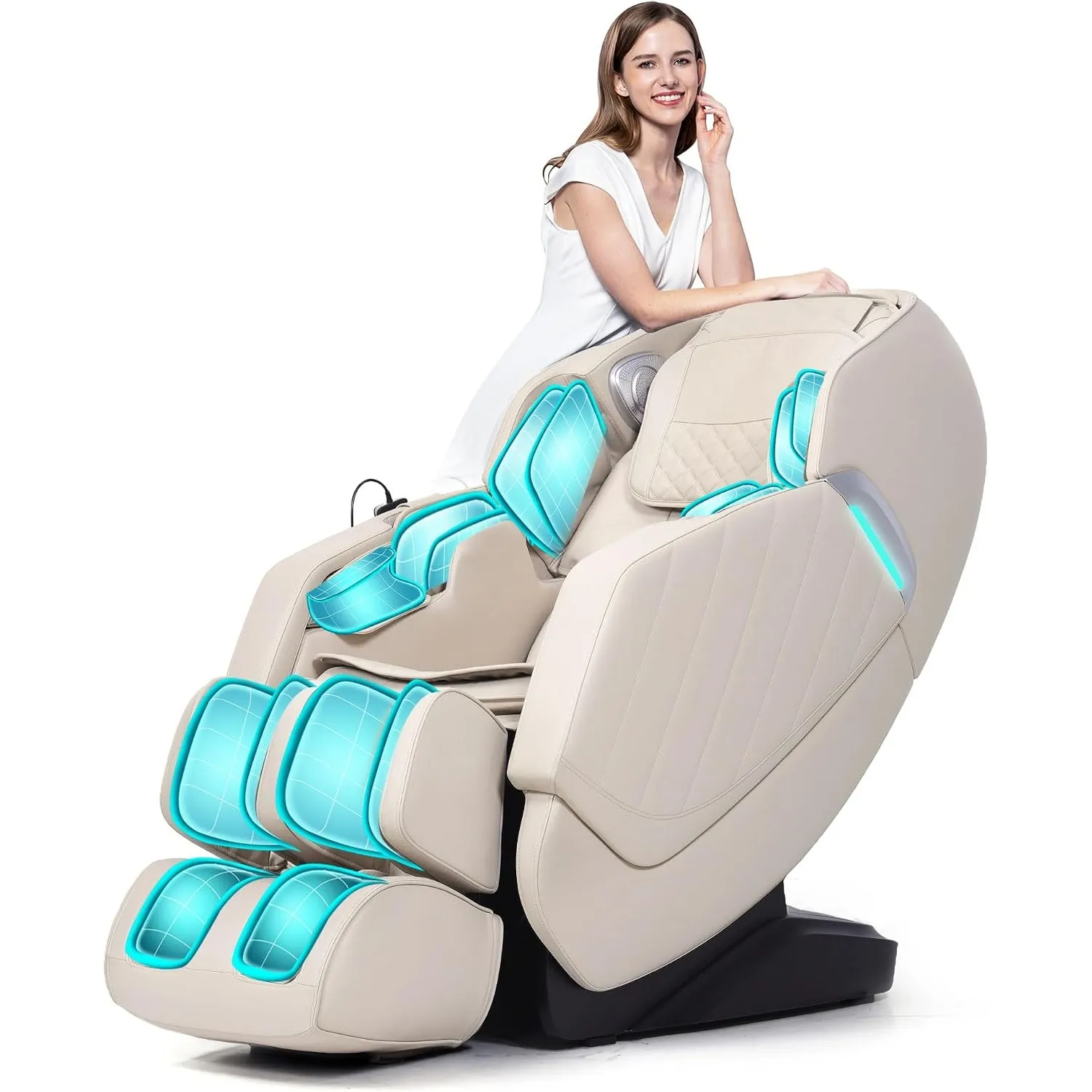 HealthRelife 3D Massagesessel mit 24 Luftkissen 135cm SL-Schiene Beige | 6 Programme,Zero Gravity,5 Massagetechniken,Kö…