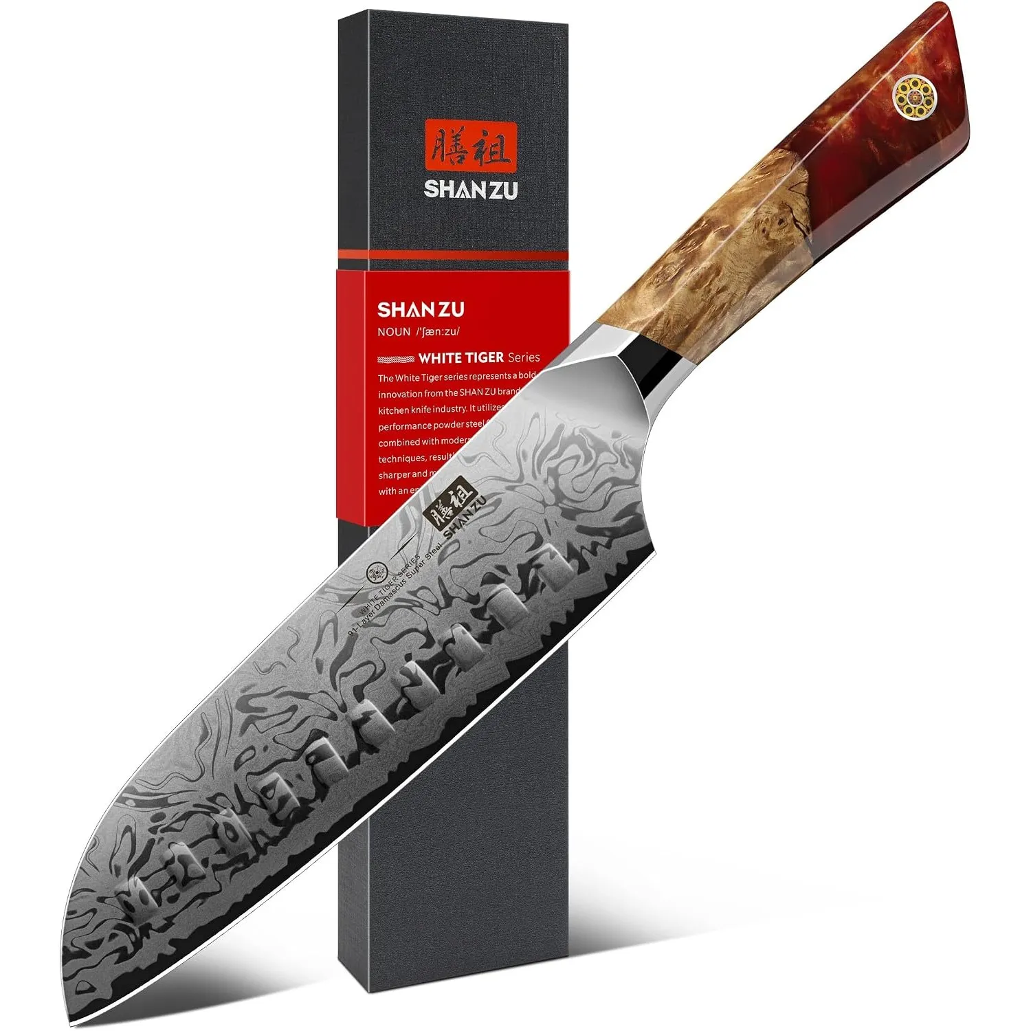 SHAN ZU Damast Santokumesser 18cm, Küchenmesser mit SG2-Pulverstahlkern