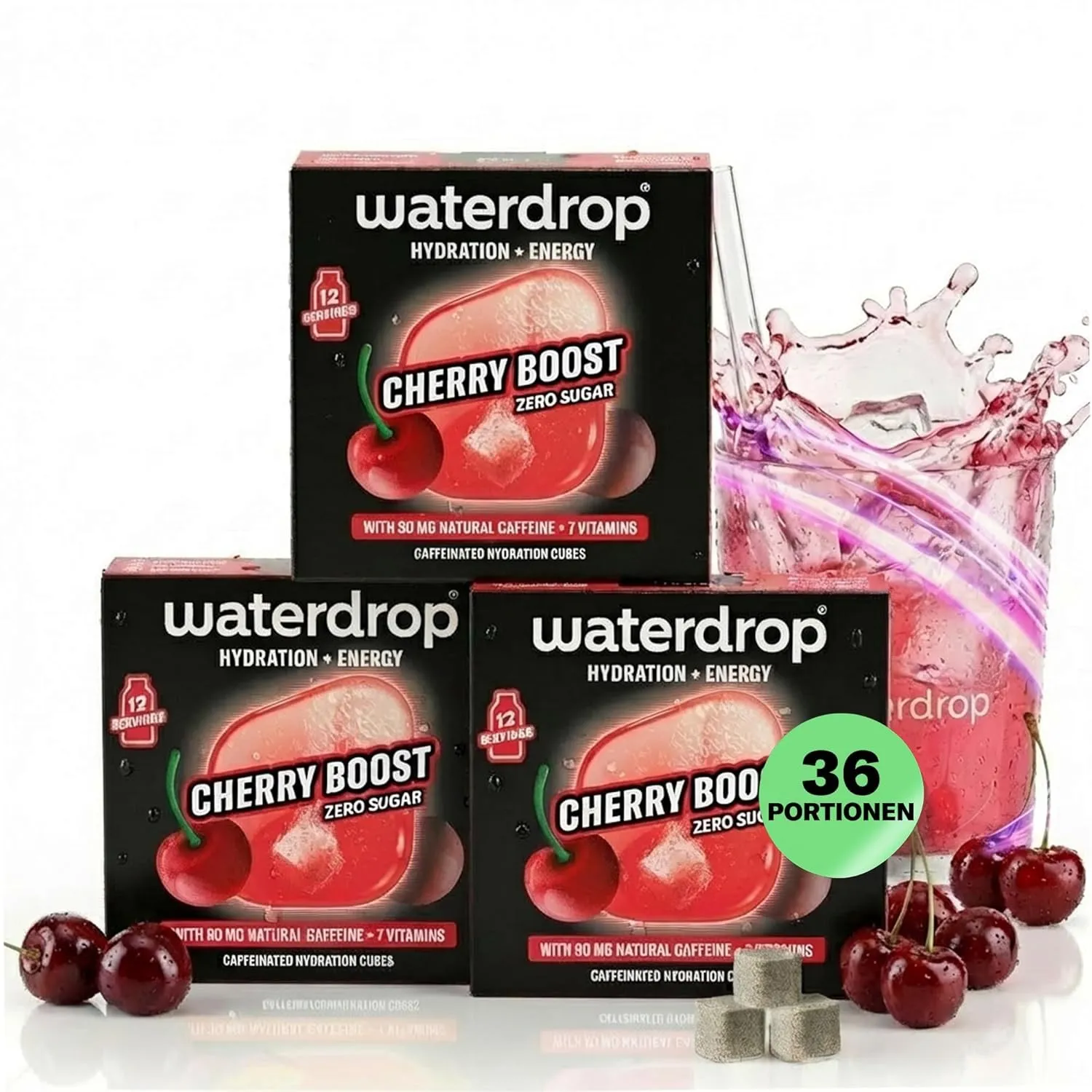 waterdrop® Microenergy CHERRY – 36 Waterdrop Drops Würfel mit natürlichem Koffein 90mg – Alternative zu Energy Drinks –…