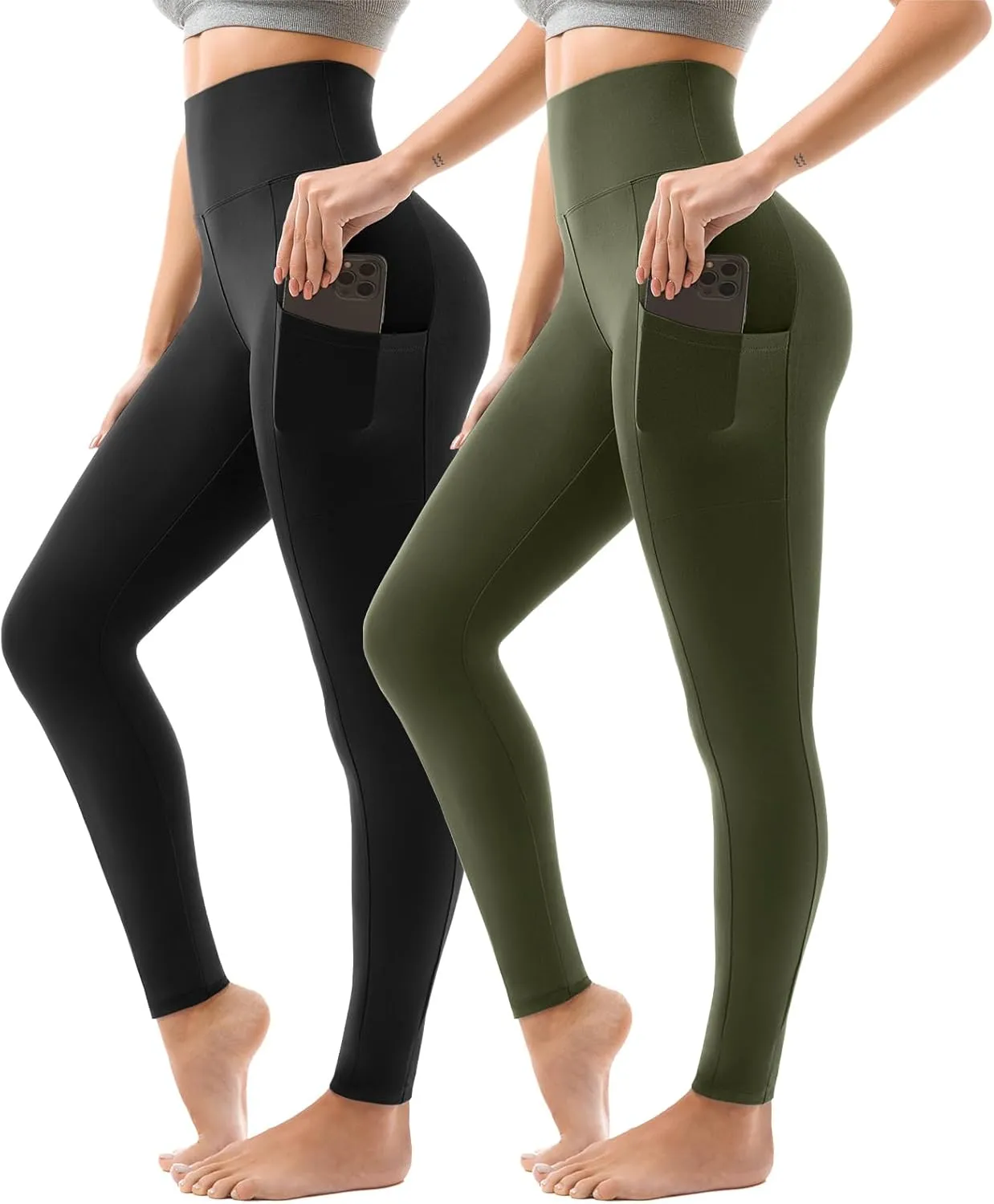 Sport Leggings Damen High Waist, Sporthose Damen Lang Mit Taschen Für Gym Yoga 2er Pack SM Schwarz/Grau