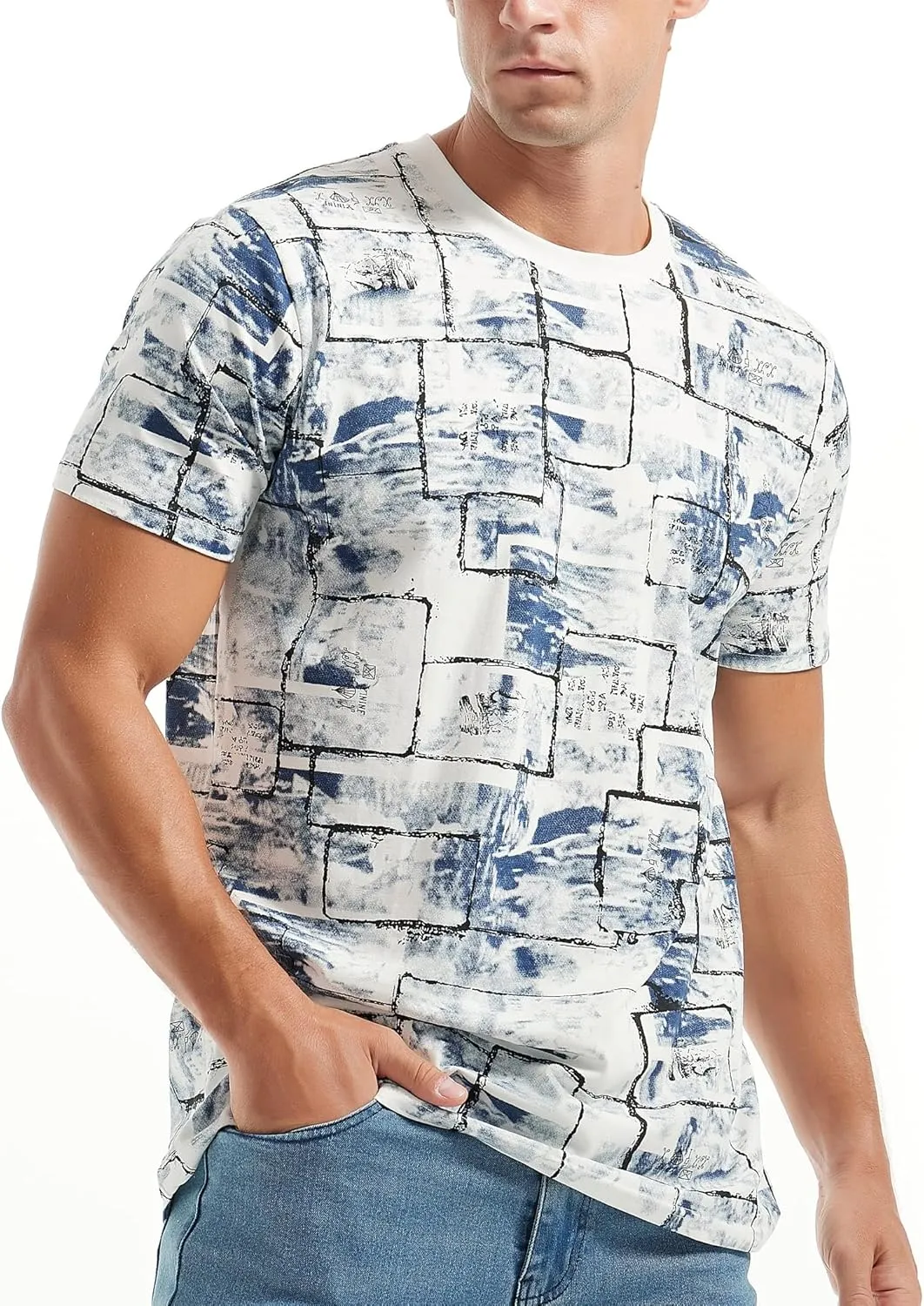 USALL Men's Summer Print T-Shirt 95% Cotton Casual Breathable Men's T-Shirt Short Sleeve