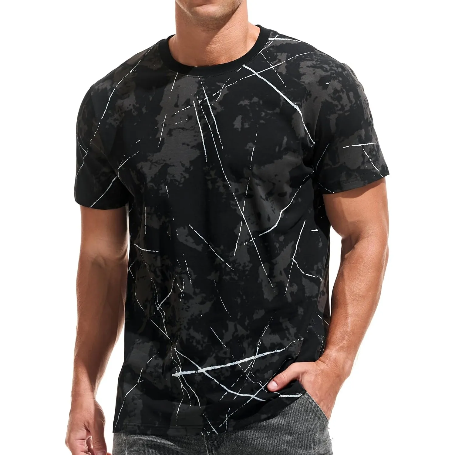 USALL Herren Sommer Bedrucktes‌ T-Shirt Baumwolle Männer Kurzarm Tshirt Men
