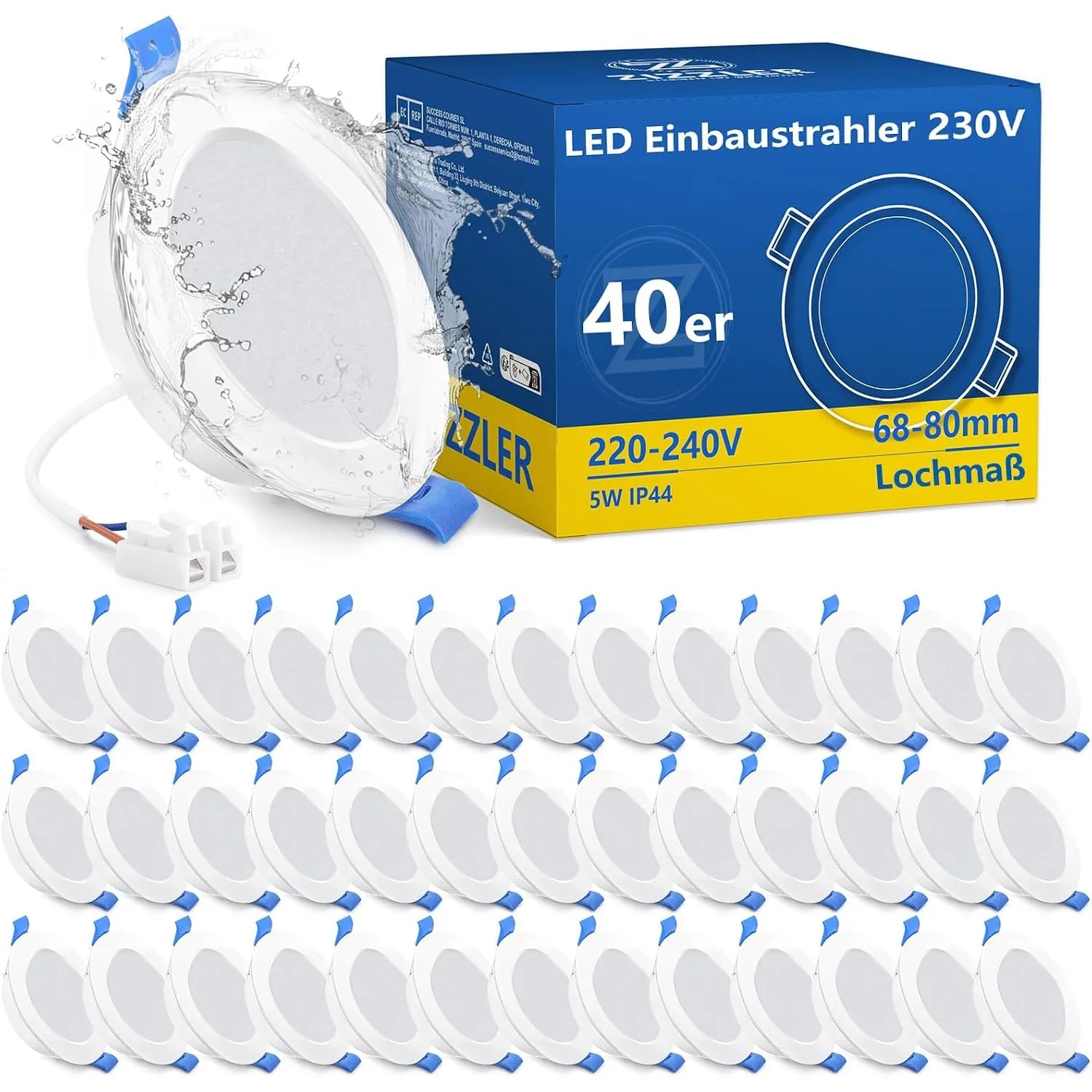 ZIZZLER 40er Set LED Einbaustrahler Spots 230V Flach 68-80mm Lochmaß, Neutralweiß Deckenspots, IP44 Einbauleuchten für …