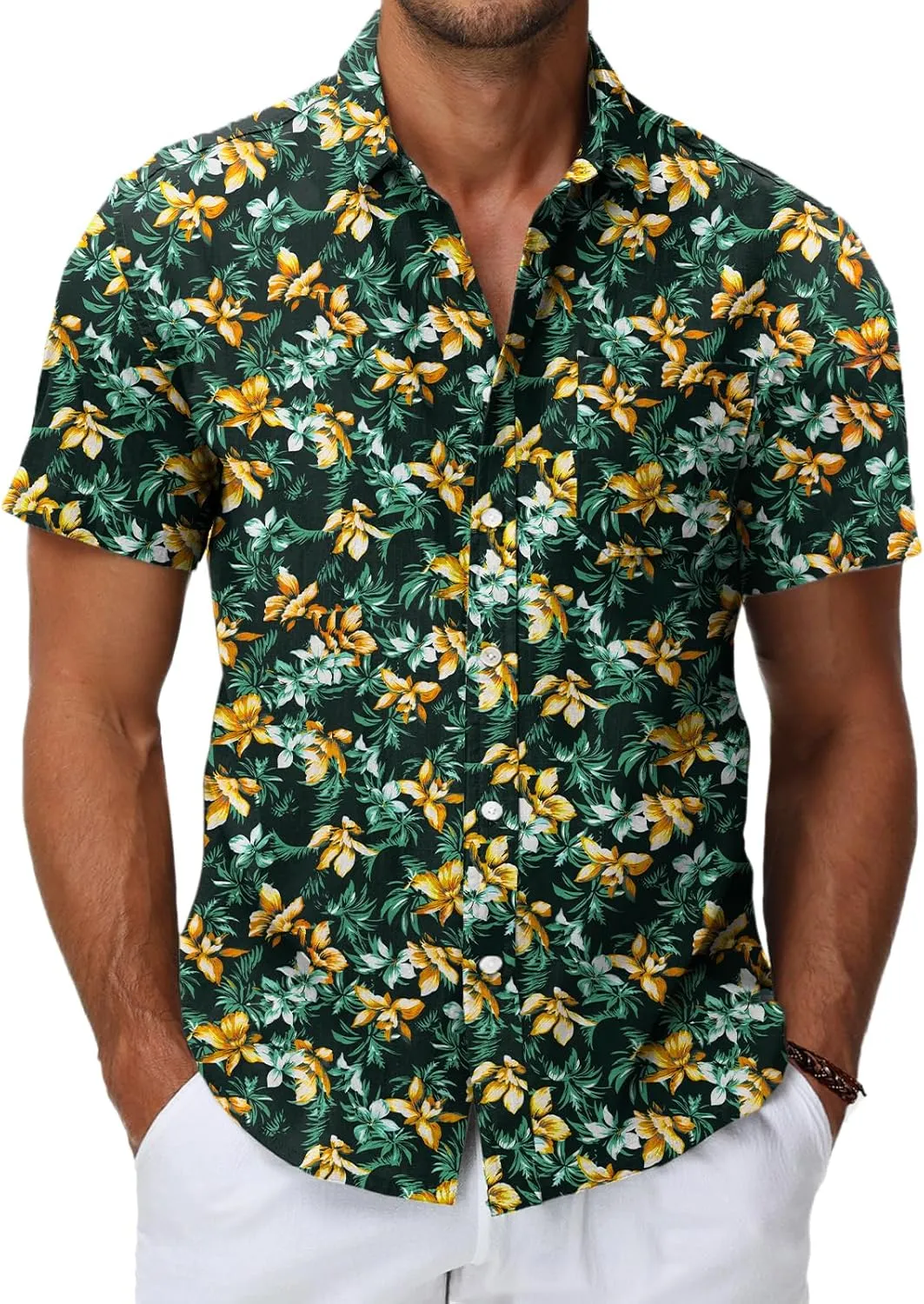 HMIYA Men's Hawaiian Shirt Men 100% Cotton Unisex Short Sleeve Front Pocket Button Down Summer Leisure Holiday Beach