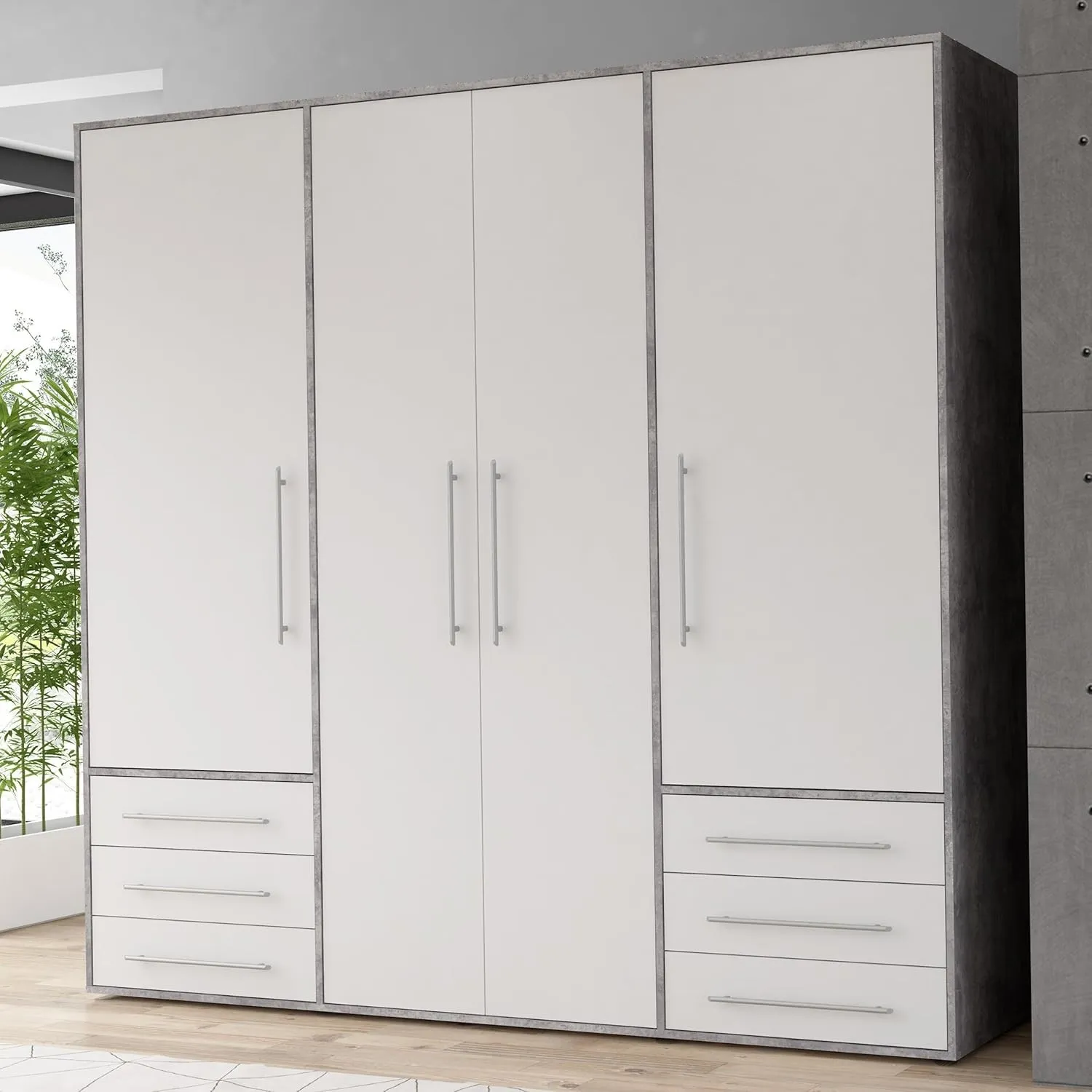Forte Jupiter Kleiderschrank 205, Großer Schrank mit 4 Türen und 6 Schubladen, Holzwerkstoff, Weiß/Betonoptik Lichtgrau…