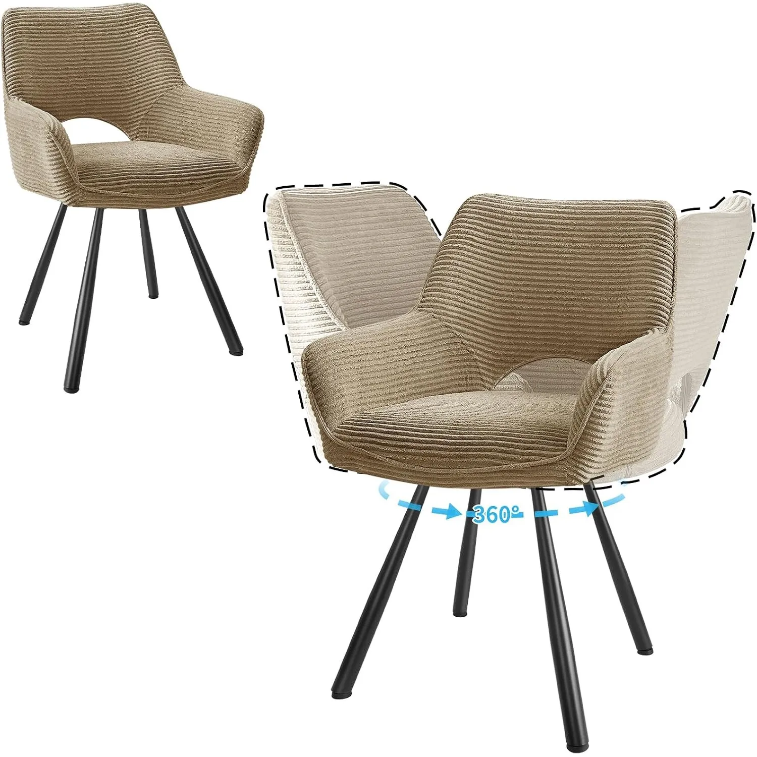 JIJIAN 2er Set 360° Drehbare Esszimmerstühle mit Armlehnen, Braun