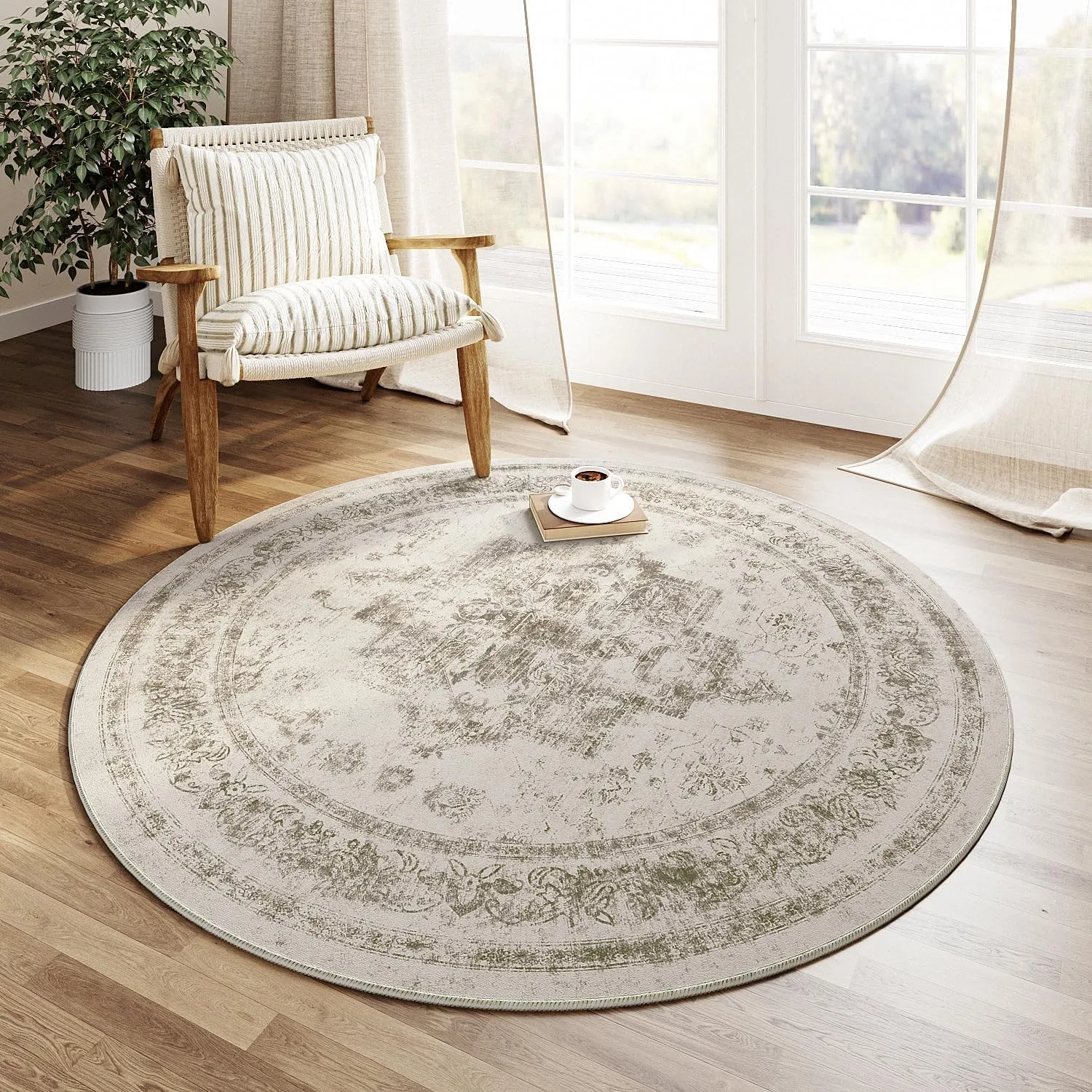 HUGEAR Vintage Waschbarer Teppich Rund 120cm Runder Wohnzimmer Beige Schlafzimmer Rutschfester Tepich Kurzflor Schlafzi…
