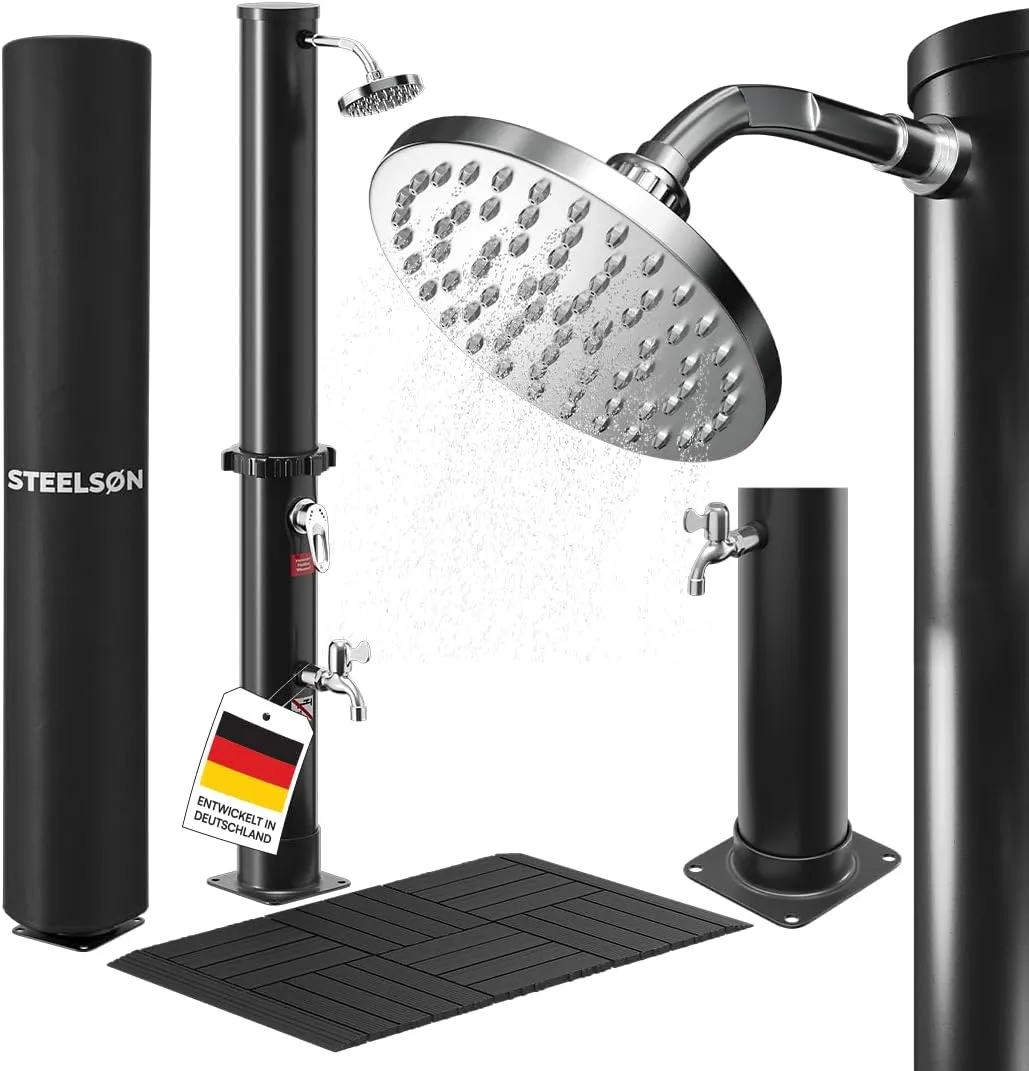 STEELSØN Velion Solardusche Garten 40 L – Solar Gartendusche 60° mit Bodenplatte – Außendusche schwarz Winterfest – Poo…