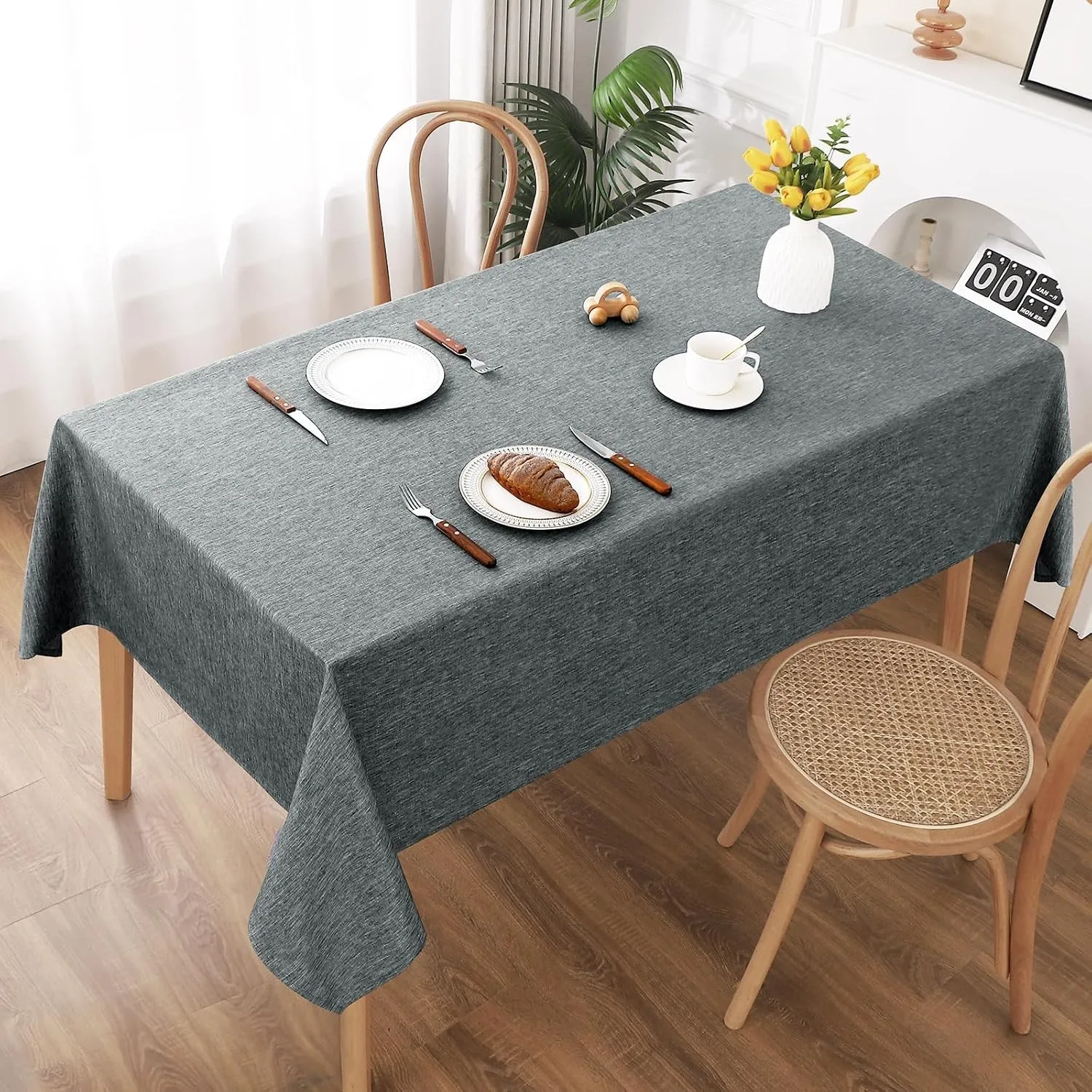 AooHome Tischdecke Abwaschbar, Grau Tischdecken 140x260cm Leinen-Optik Tischtuch aus Polyester Wasserabweisend mit Lotu…