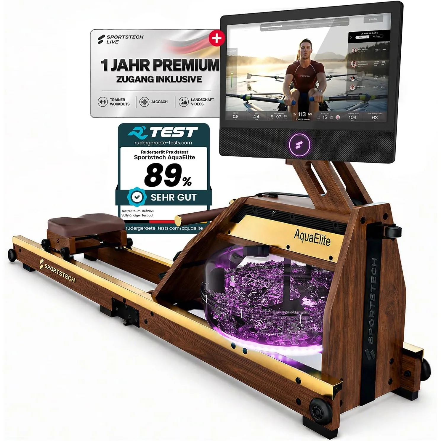 Sportstech AquaElite, Wasser Rudergerät für zu Hause, authentisches Rudererlebnis, Cardio Ganzkörpertraining, Massivhol…