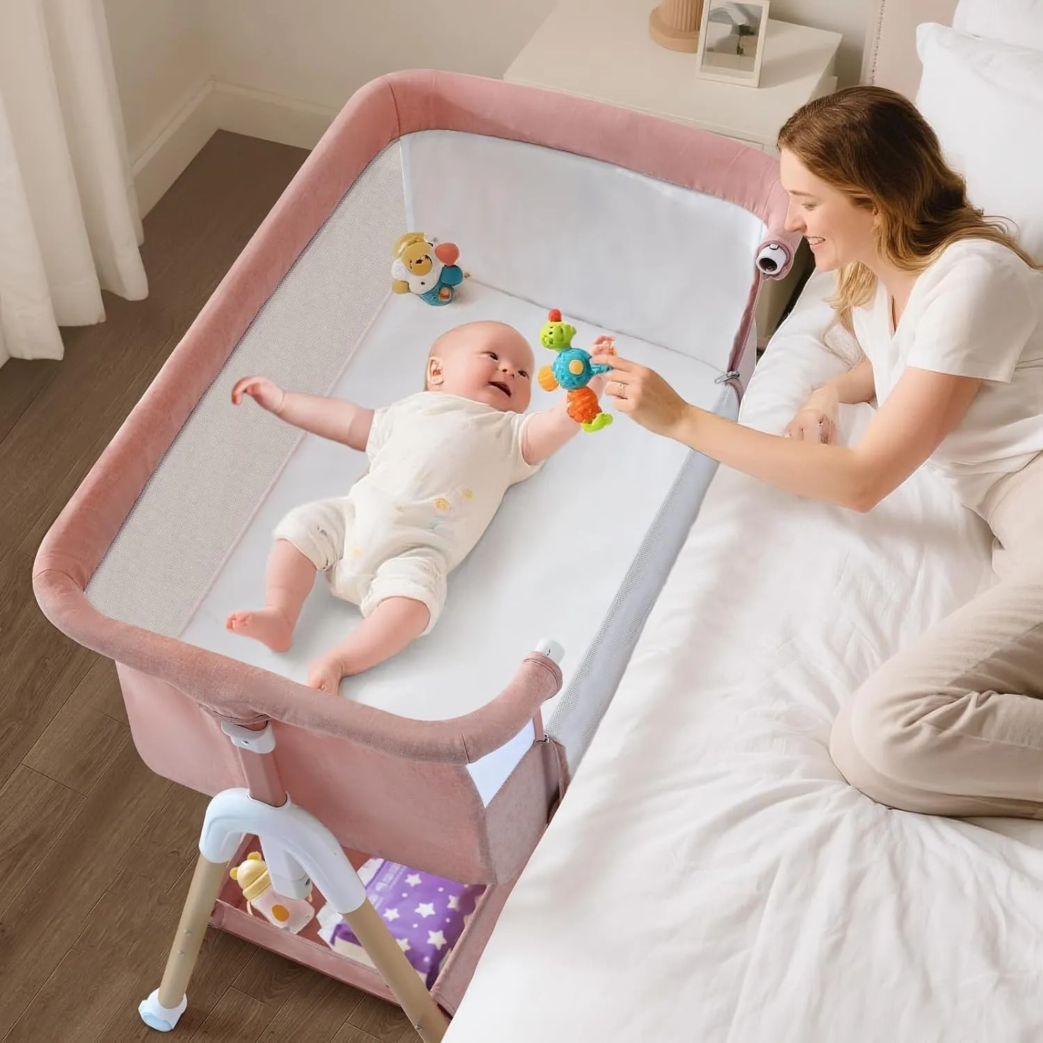 3 in 1 Beistellbett Baby, Tragbar reisebett Baby mit matratze Höhenverstellbar Bettchen Verstellbare Höhe & Neigung 6 a…