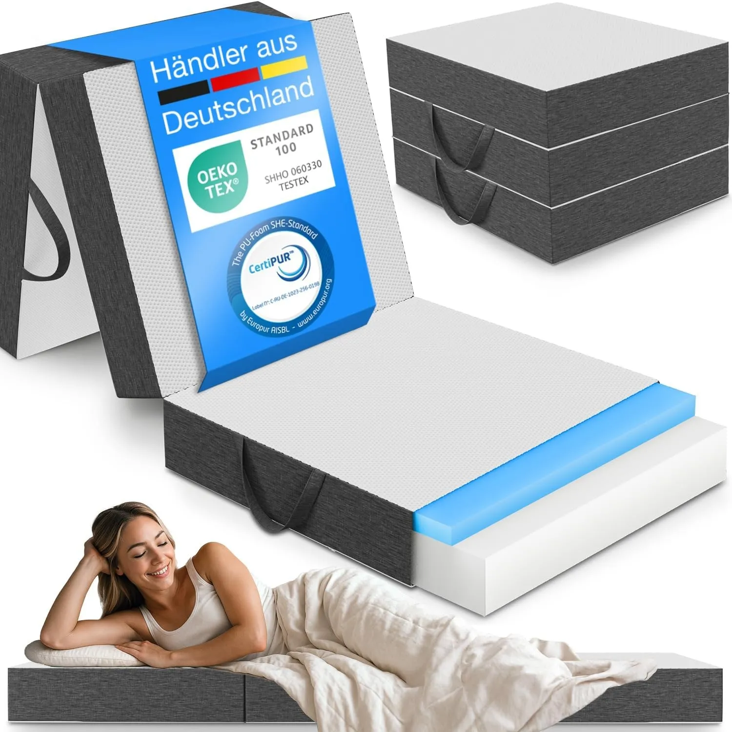ELONEO Premium Visco Klappmatratze 75x200 cm, extra hoch 15 cm, Gästematratze klappbar, Faltmatratze, Faltbare Matratze…