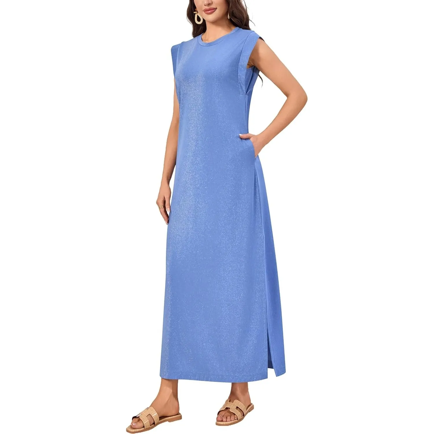 Damen Maxikleid ärmellos mit Rundhals und Seitenschlitz – Elegantes lässiges Kleid mit Zwei Taschen