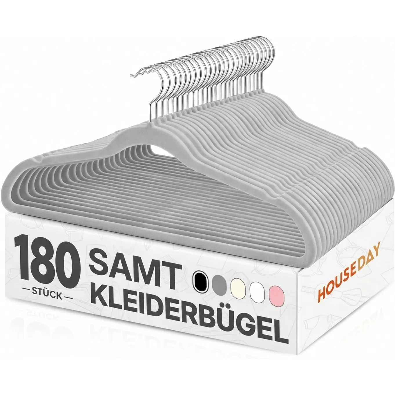 HOUSE DAY Kleiderbügel Samt 180 Stück, Kleiderbügel Platzsparend, Grau