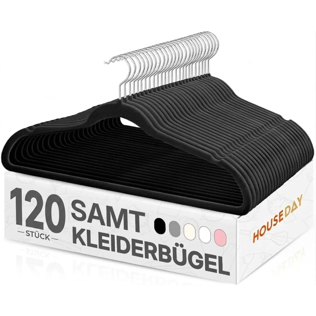 HOUSE DAY Kleiderbügel Samt 120 Stück, Kleiderbügel Platzsparend, Schwarz