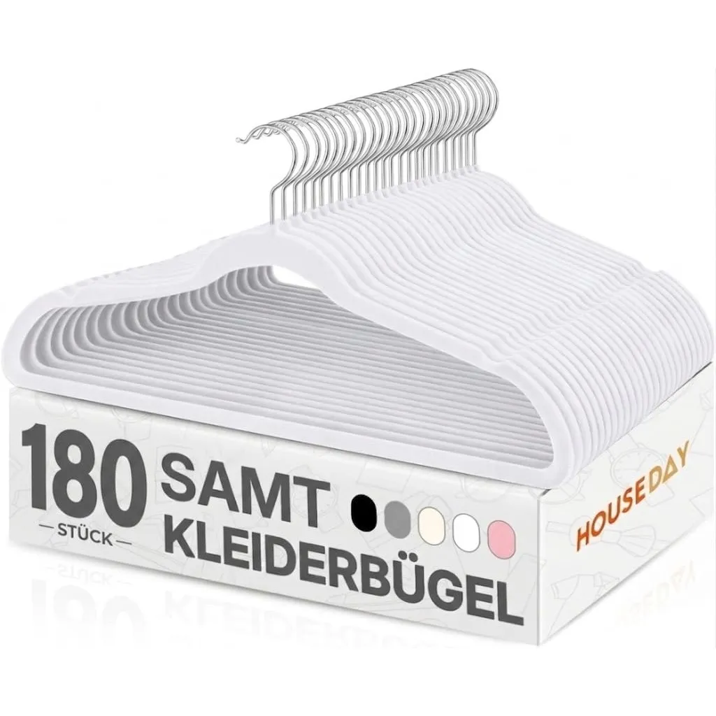 HOUSE DAY Weiß Kleiderbügel 180 Stück, Samt Kleiderbügel Rutschfester Filz Bügel -Platzsparende, Premium Weiß Anzugbüge…