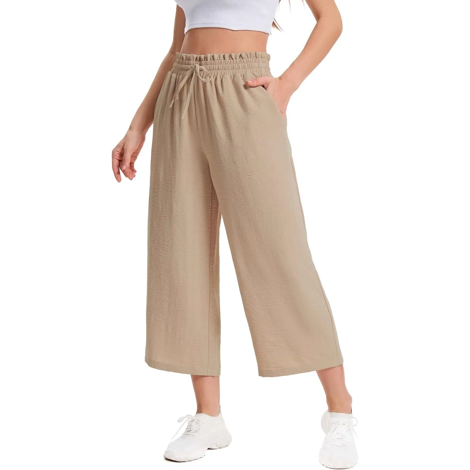 Damen 3/4 Culotte Hose Leichte Sommerhose mit Taschen | Atmungsaktives Stoff Caprihose für Damen