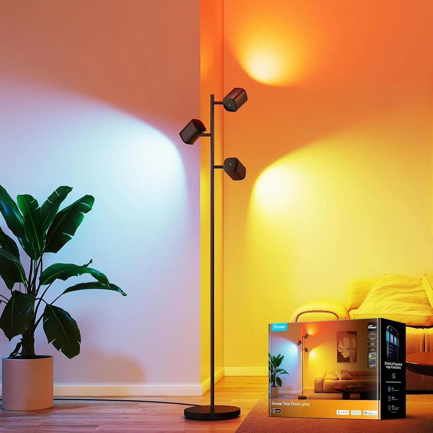 Govee 3-Flammen LED Stehlampe RGBWW, Fokus-Verstellbar Stehleuchte 1500lm