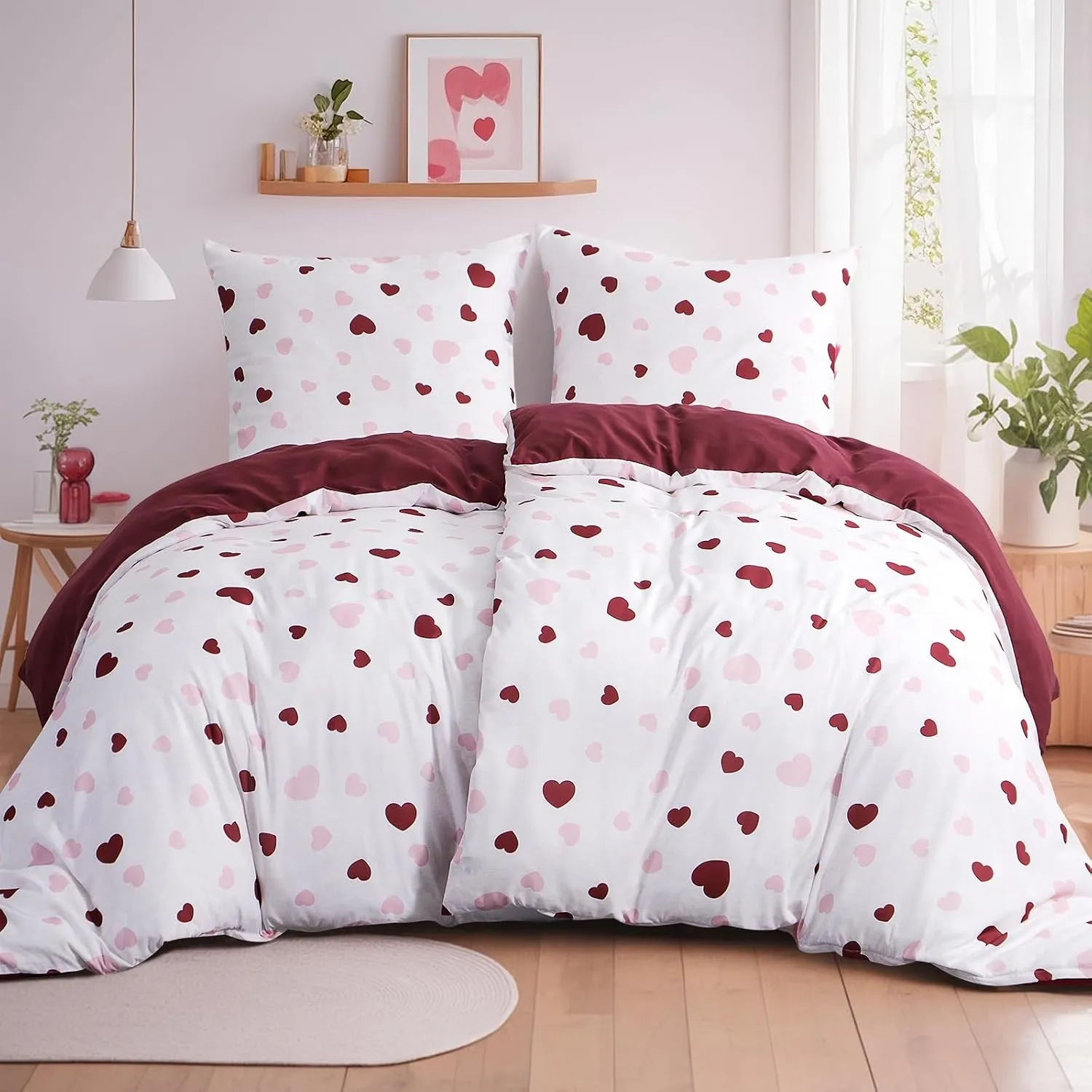 Aisbo Bettwäsche 135x200 4teilig Bettdeckenbezug - Bettwäsche Set 135 x 200 Herzen Rosa Rot Muster mit 2 Kissenbezüge 8…