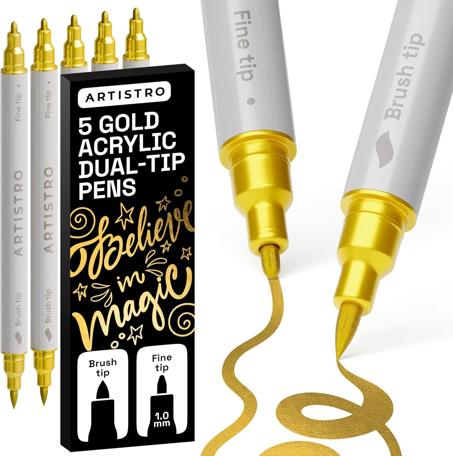 Artistro 5 Gold Acrylstifte – Dual Tip (Pinsel & Fein) Marker für Stoff, Leinwand, Stein, Glas, Holz – Kalligrafie, Scr…