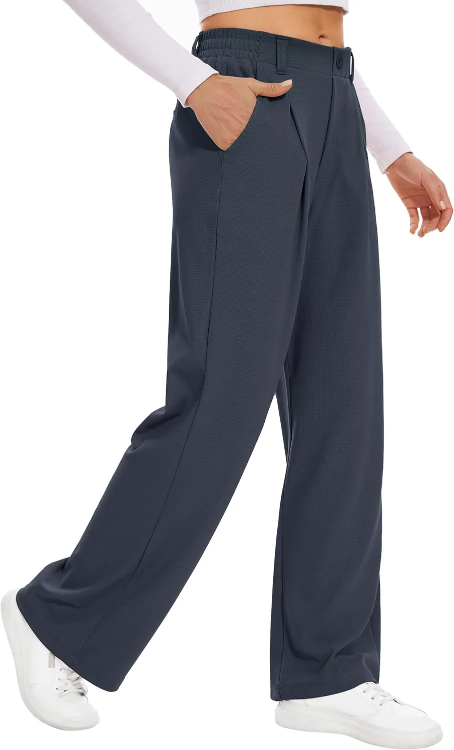 Desol Hosen Damen Waffel Lang Palazzo Hose Elegant Stoffhose Anzughose Damen Weite Sommerhose mit Taschen High Waist Ho…
