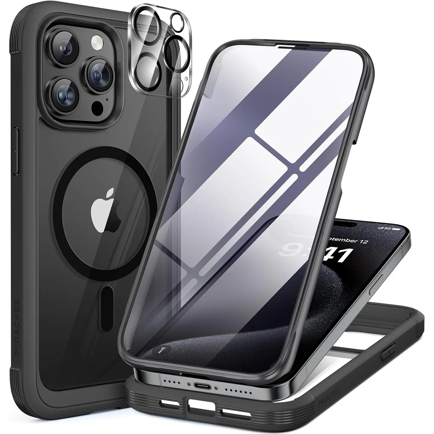 miracase Vollschutzhülle für iPhone 15 Pro, Magsafe, Schwarz