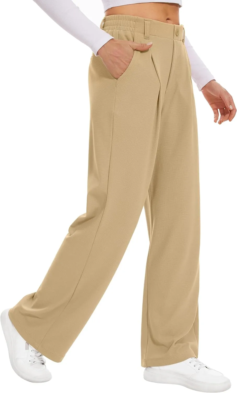 Desol Hosen Damen Waffel Lang Palazzo Hose Elegant Stoffhose Anzughose Damen Weite Sommerhose mit Taschen High Waist Ho…