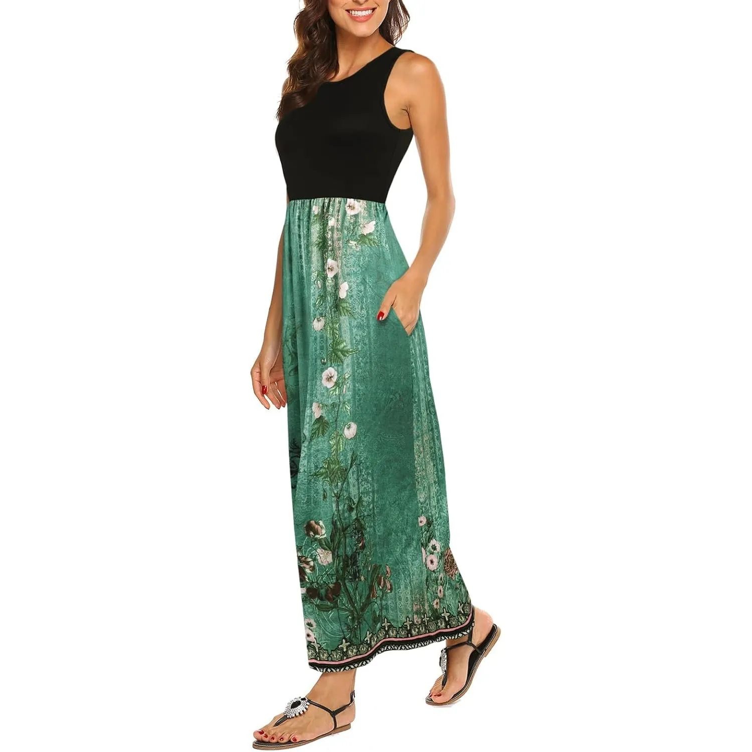 BDTECAOR Maxikleid Damen Sommer Boho Ärmellos Strandkleider Lässige Lange Tank Kleid mit Taschen